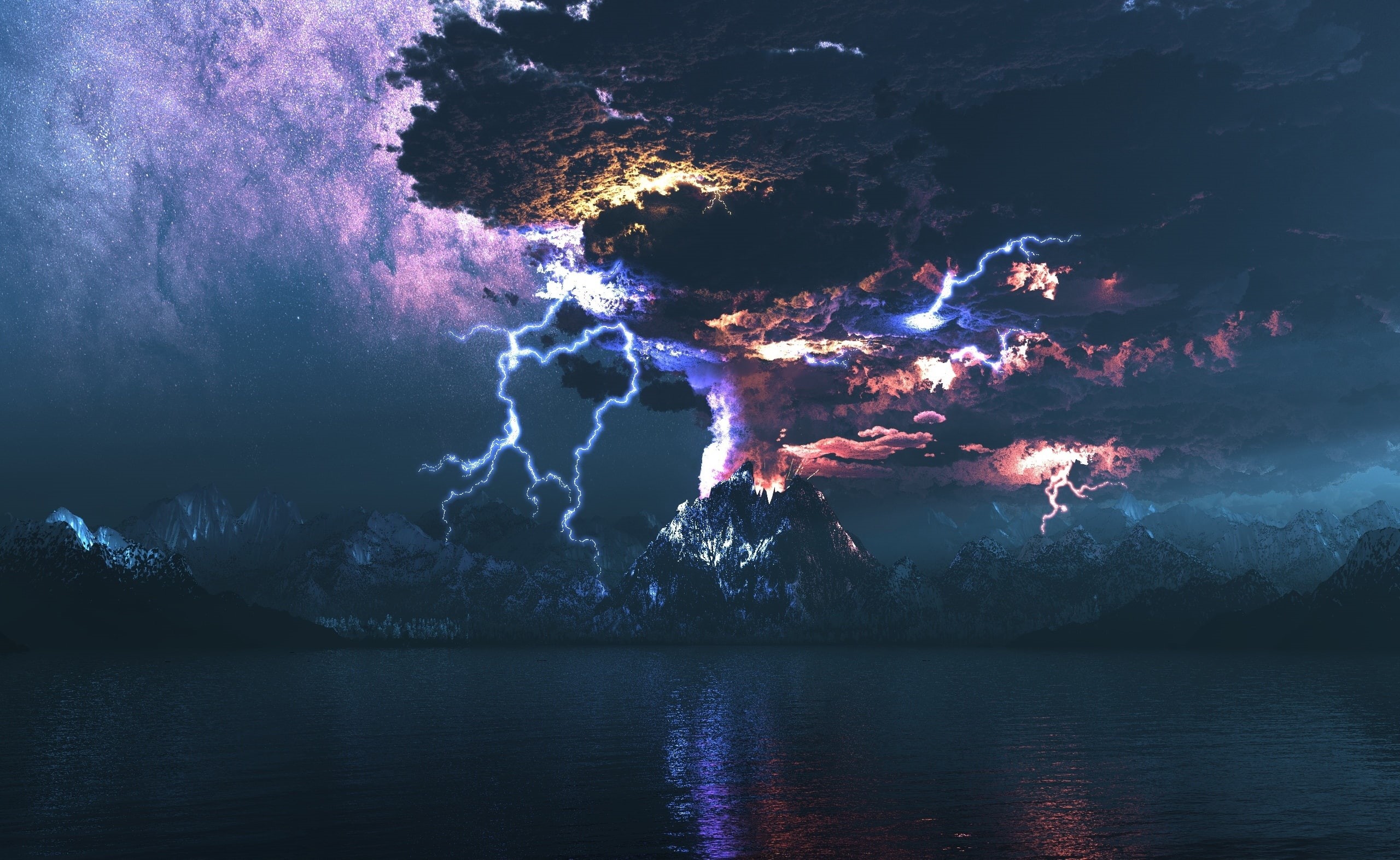 mountain, scenics - nature, sky, night, volcano, power in nature, waterfront, no people, beauty in nature, lake, lightning, idyllic, reflection, HD Wallpaper