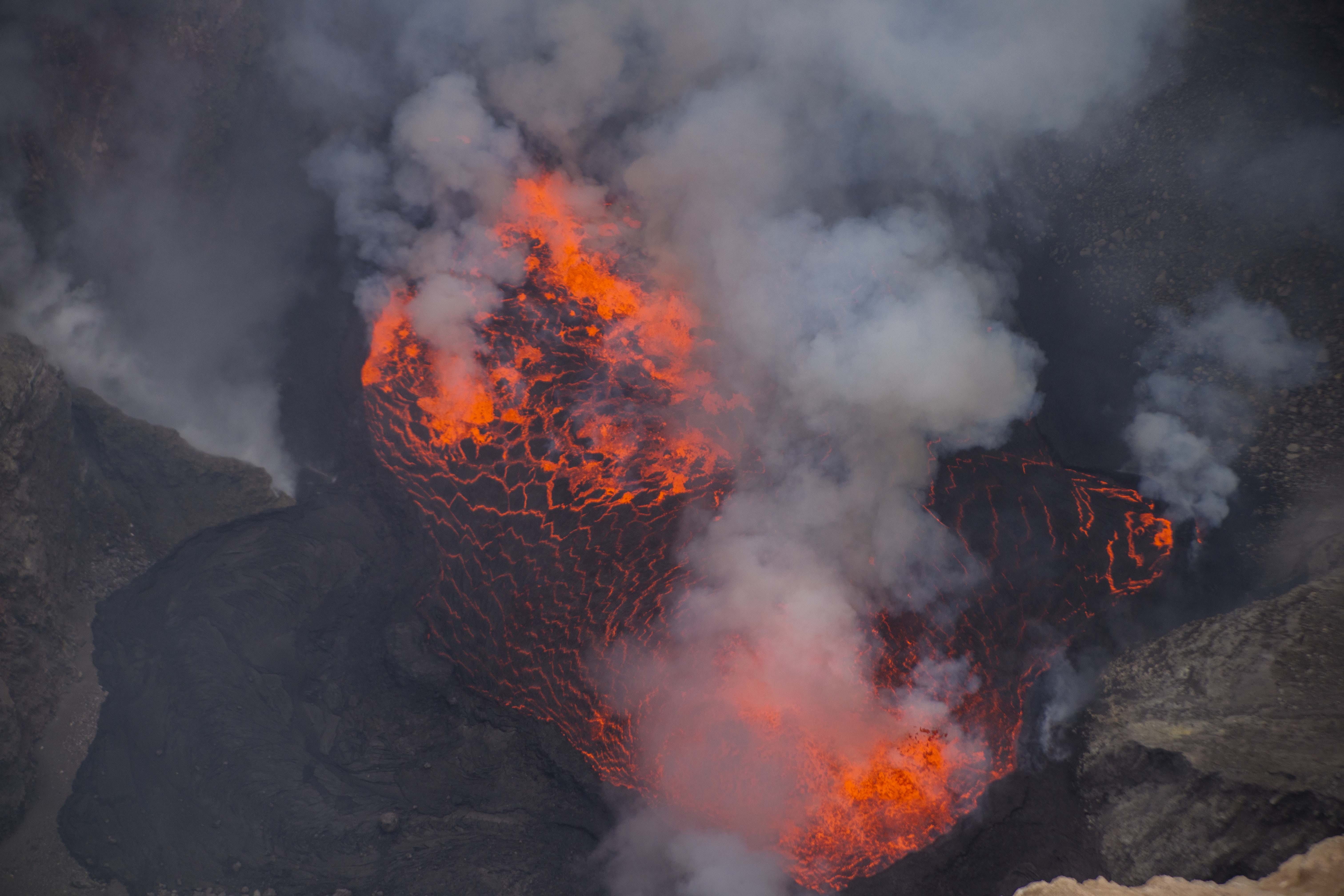 outdoors, no people, lava, daytime, lava lake, photography, burning, physical geography, aerial, communication, erupting, geology, nature, smoke, mountain, HD Wallpaper