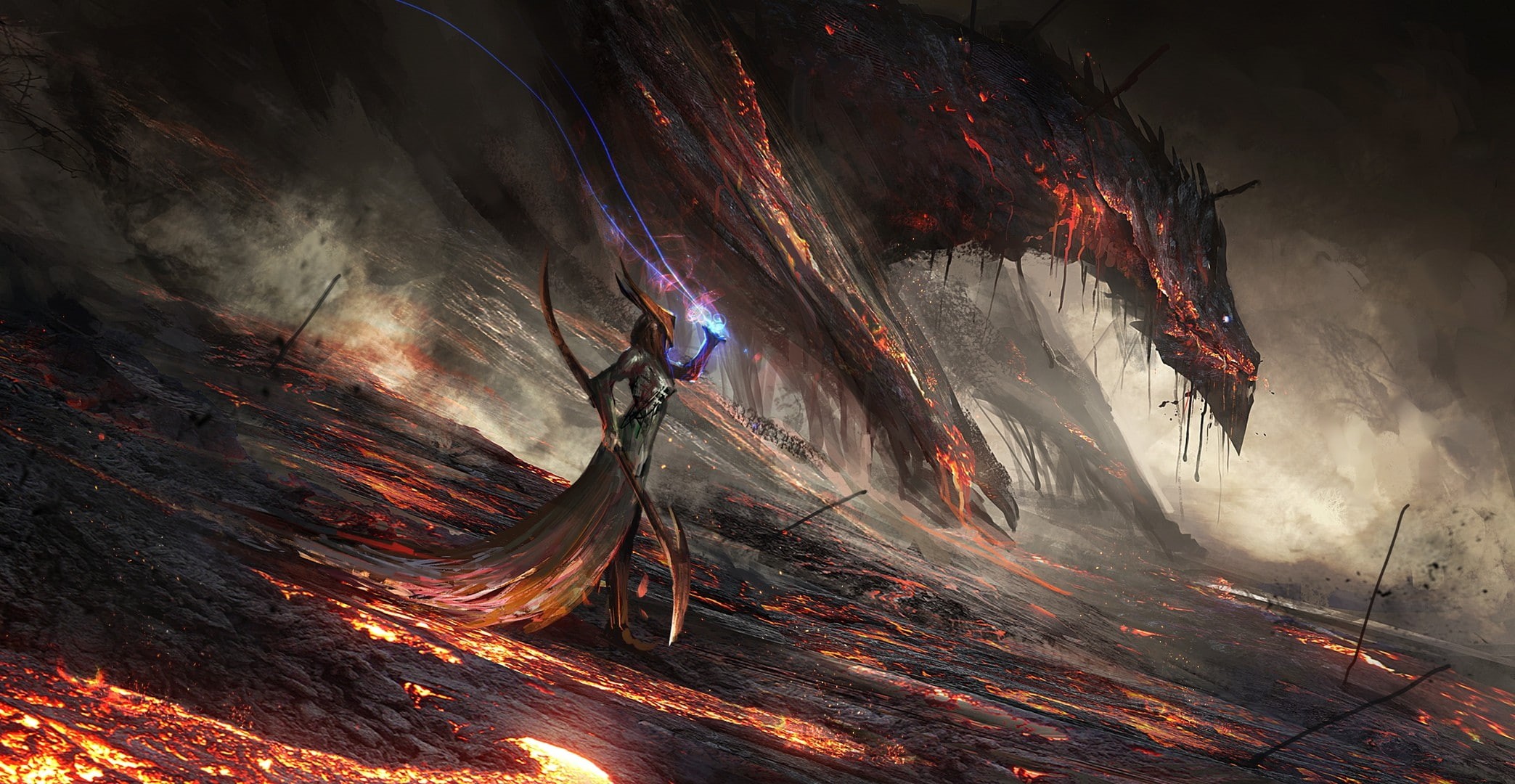 magic, dragon, lava, 1080P, magician, fantasy art, HD Wallpaper