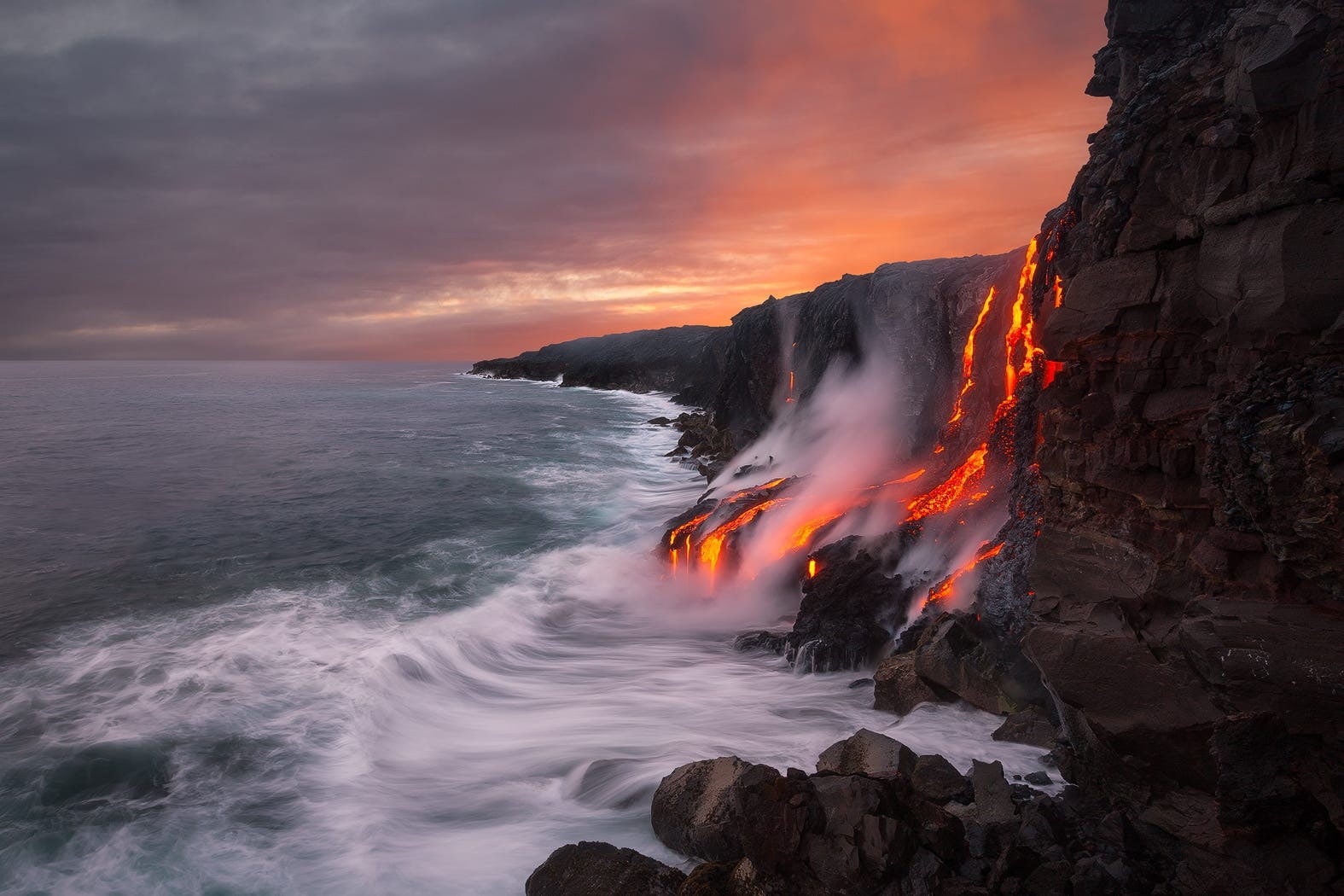 power, sky, volcano, water, scenics - nature, rock - object, motion, flowing, sea, lava, land, geology, solid, nature, outdoors, 720P, horizon over water, HD Wallpaper