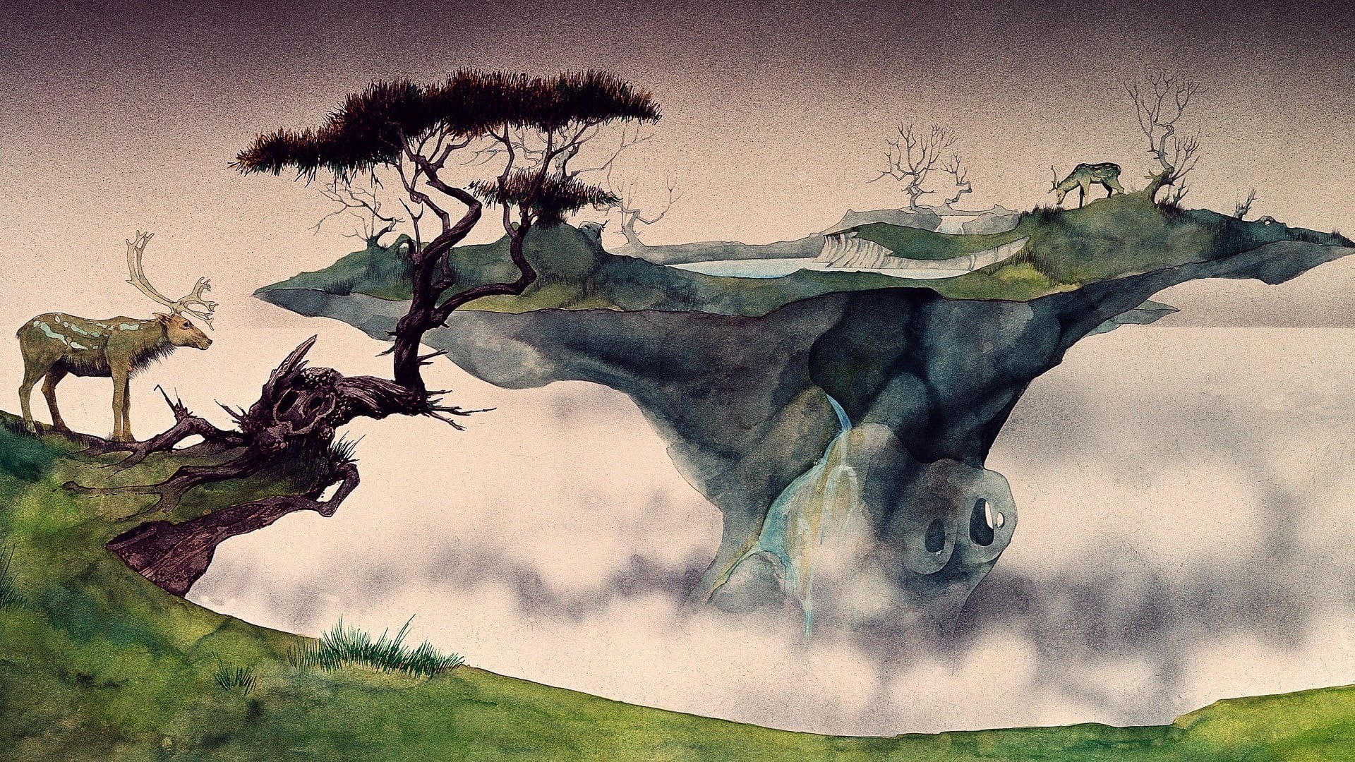 mist, growth, no people, elk, ink, day, landscape, branch, painting, Roger Dean, digital art, outdoors, non-urban scene, animals, plant, desert, animal, HD Wallpaper