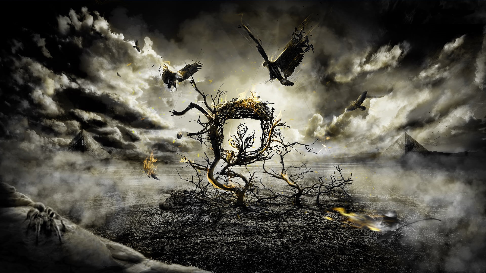 plant, bare tree, digital art, dark, outdoors, spooky, dramatic sky, nature, branch, day, eagle, abstract, dead plant, cloud - sky, 1080P, bare, HD Wallpaper