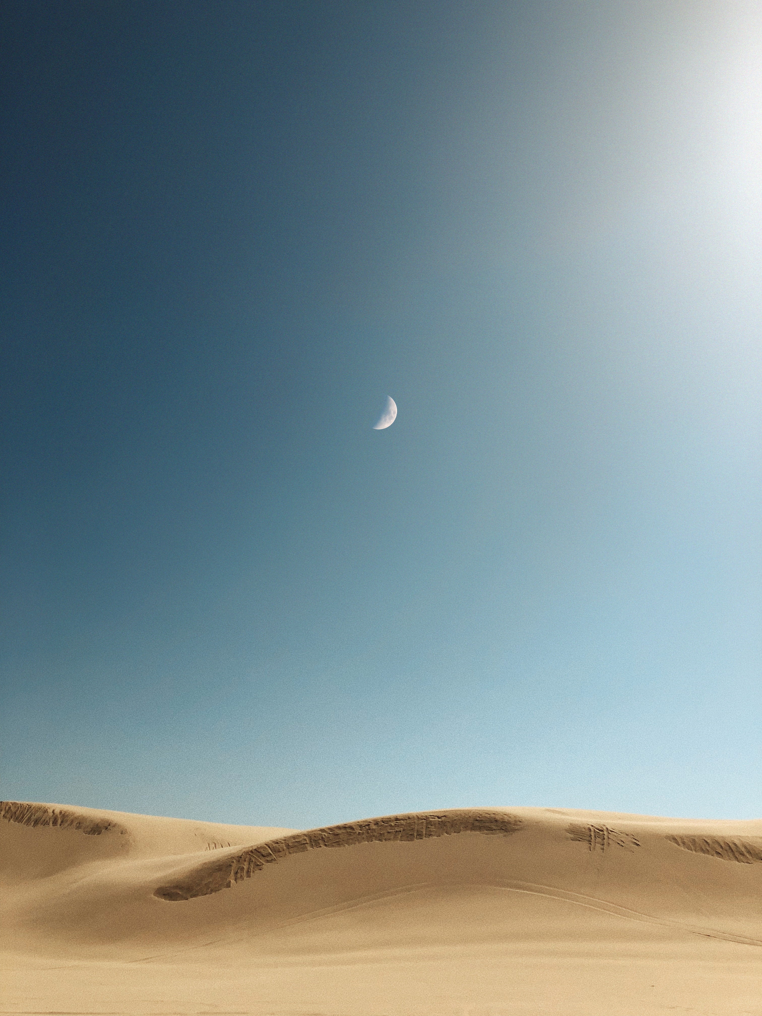 arid climate, copy space, tranquility, sky, crescent, sand dune, sand, outdoors, nature, blue, desert, land, no people, clear sky, scenics - nature, moon, Phone HD Wallpaper