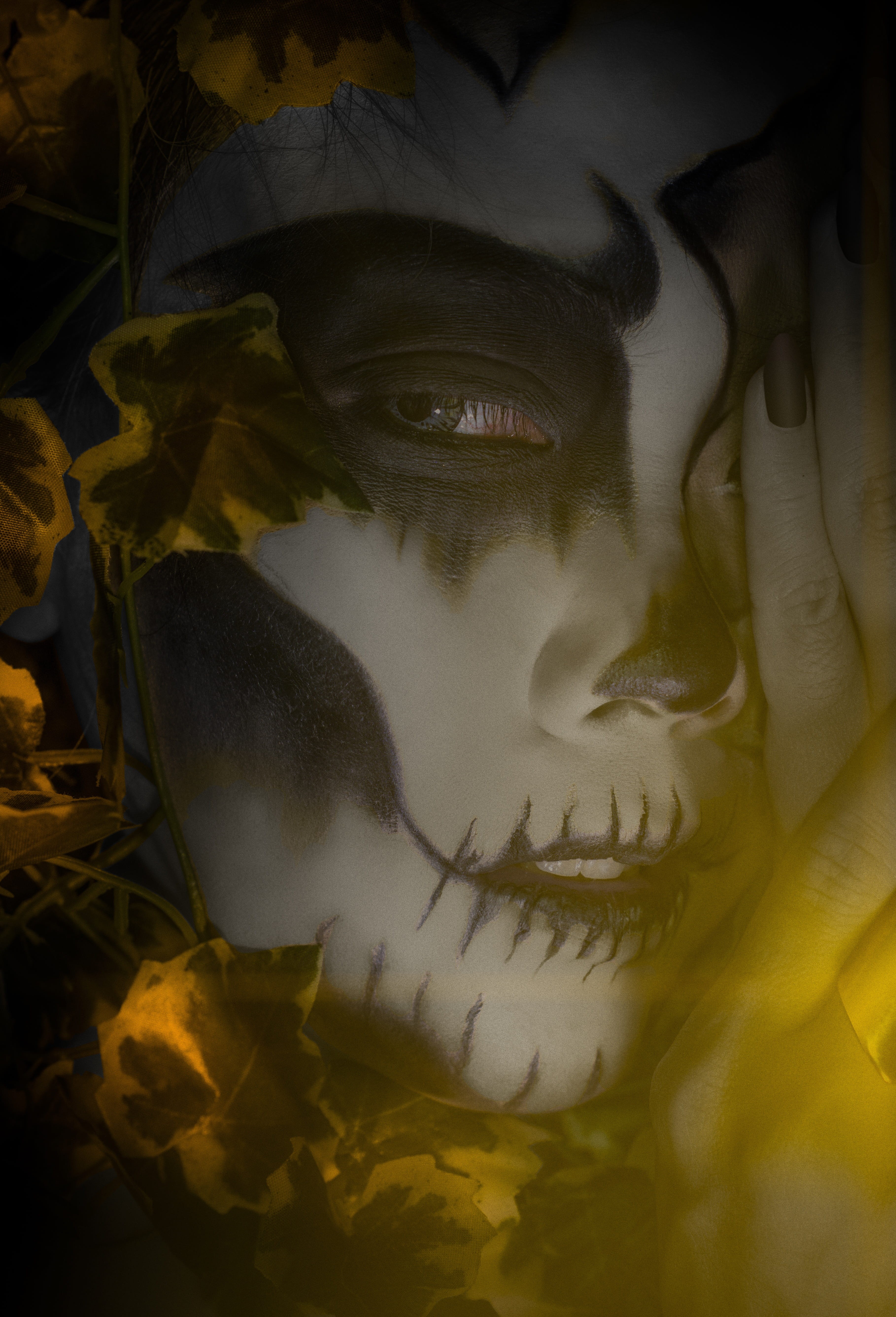 black, human, makeup, Face, Makeup, female likeness, paint, indoors, 5K, human body part, body part, young adult, close-up, skeleton, digital composite, Phone HD Wallpaper