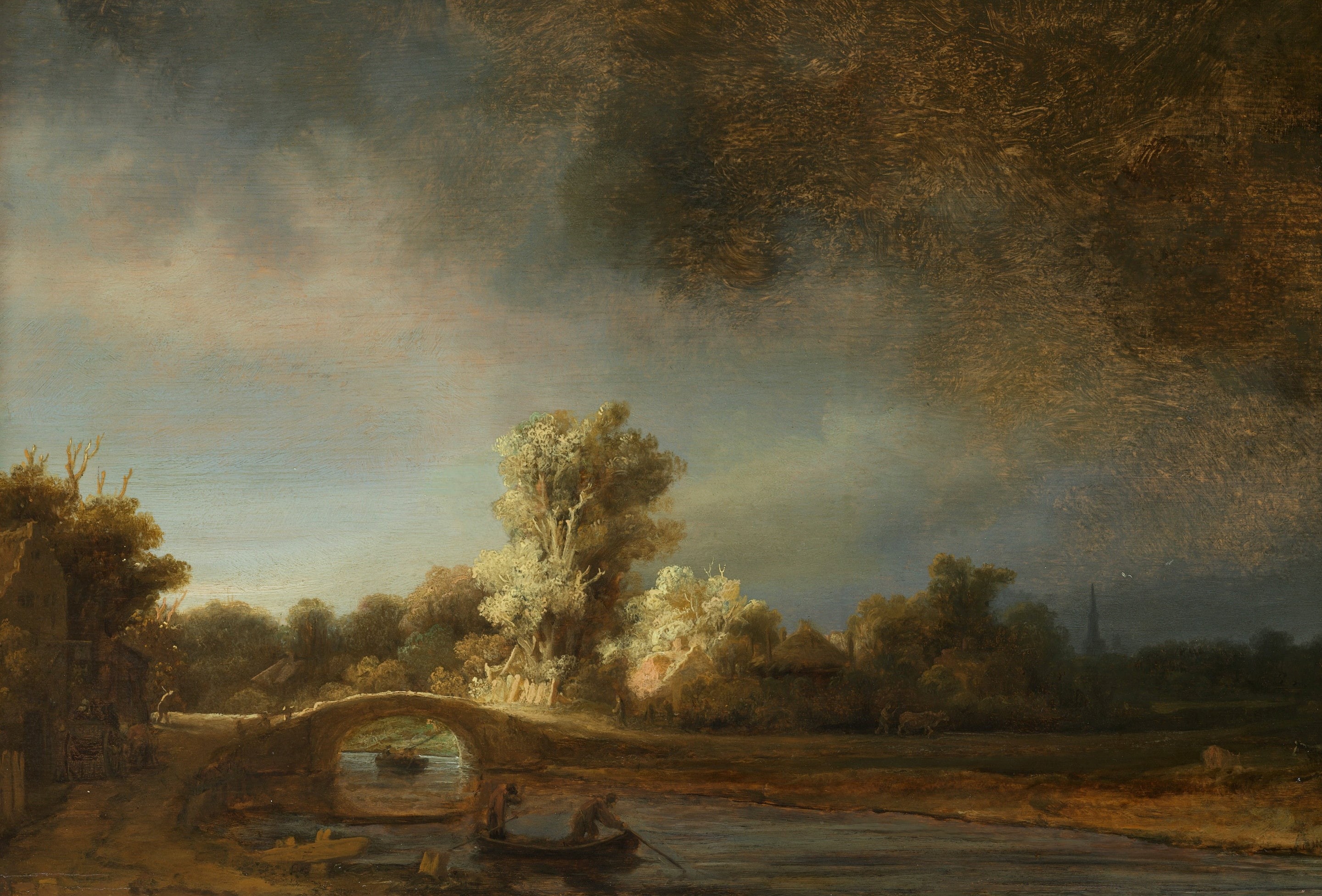 picture, landscape, boat, 2K, Rembrandt van Rijn, river, Stone Bridge, HD Wallpaper