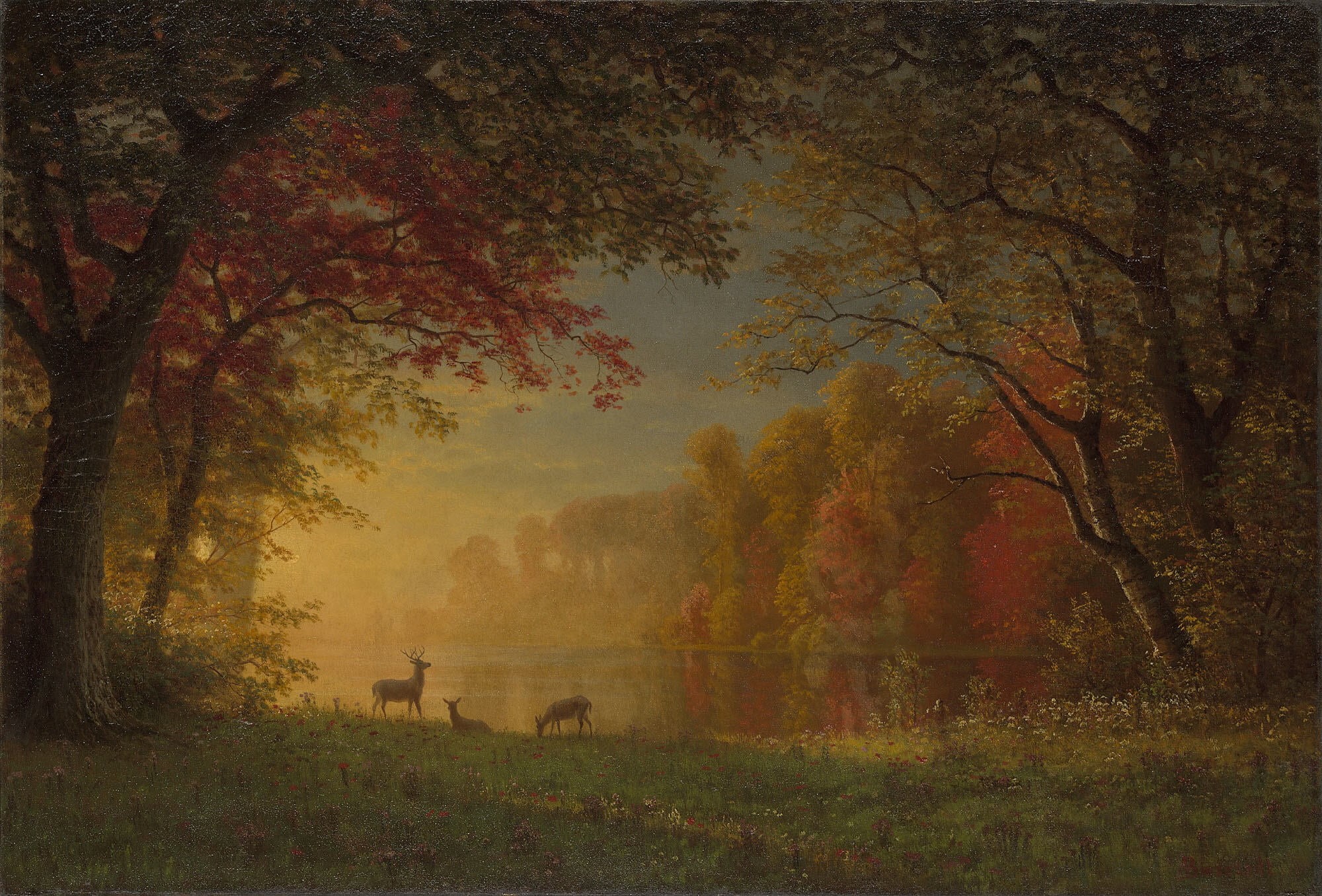 1080P, nature, Albert Bierstadt, landscape, deer, art, Indian Sunset - Deer by a Lake, forest, HD Wallpaper
