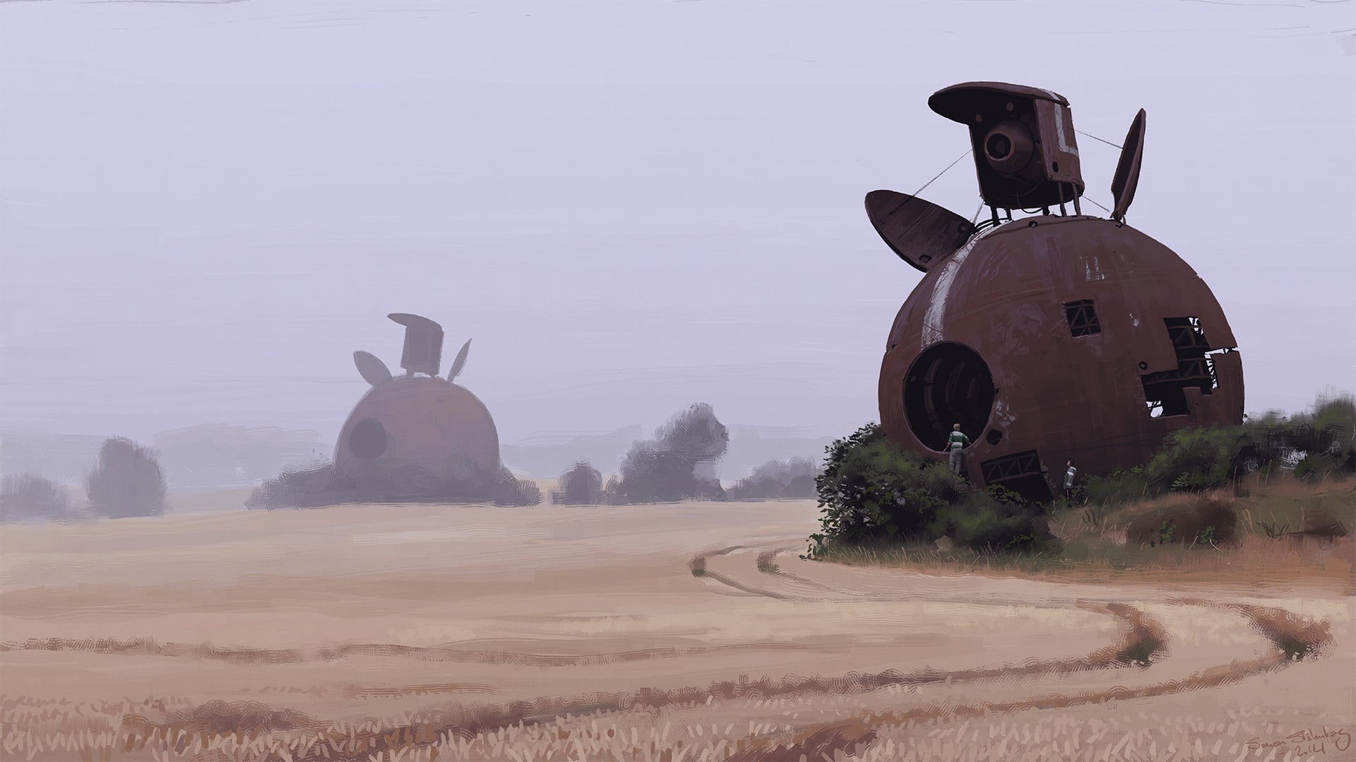 metal, no people, the past, nature, drawing, 1080P, art and craft, Simon Stålenhag, outdoors, black, clear sky, history, futuristic, sky, beauty in nature, HD Wallpaper
