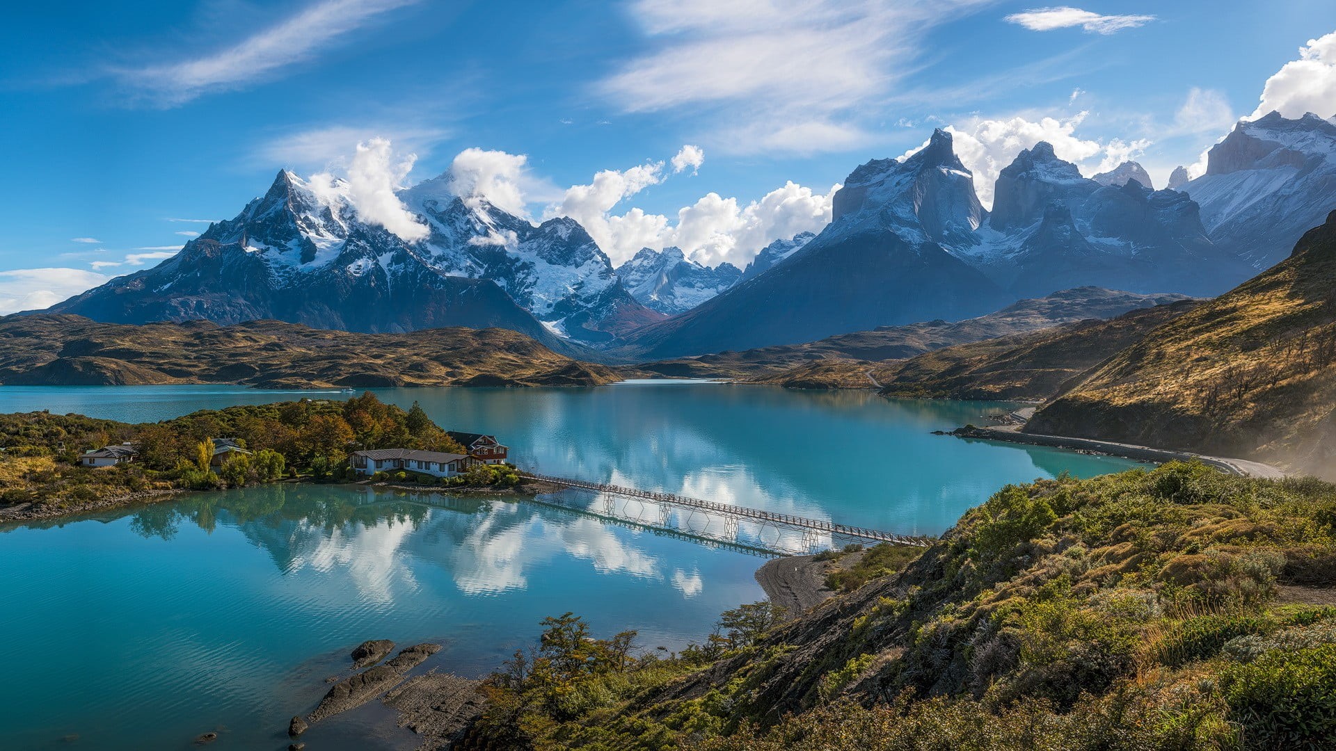 tranquil scene, hotel, scenics - nature, beauty in nature, cloud - sky, no people, mountains, mountain, snowcapped mountain, clouds, tranquility, reflection, HD Wallpaper