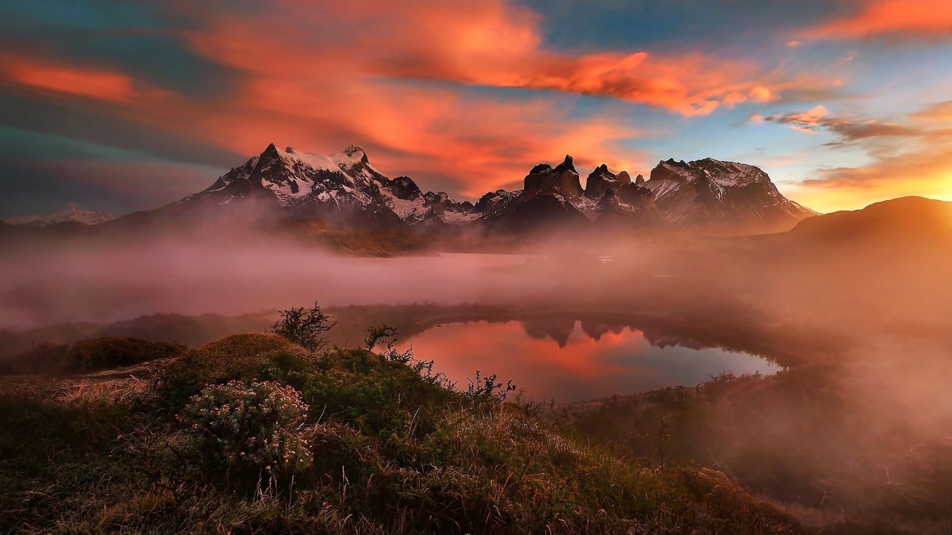 lake, no people, mountains, mountain peak, plant, scenics - nature, sunset, blue, Torres del Paine, tree, sun, sky, cloud - sky, water, 1080P, landscape, HD Wallpaper