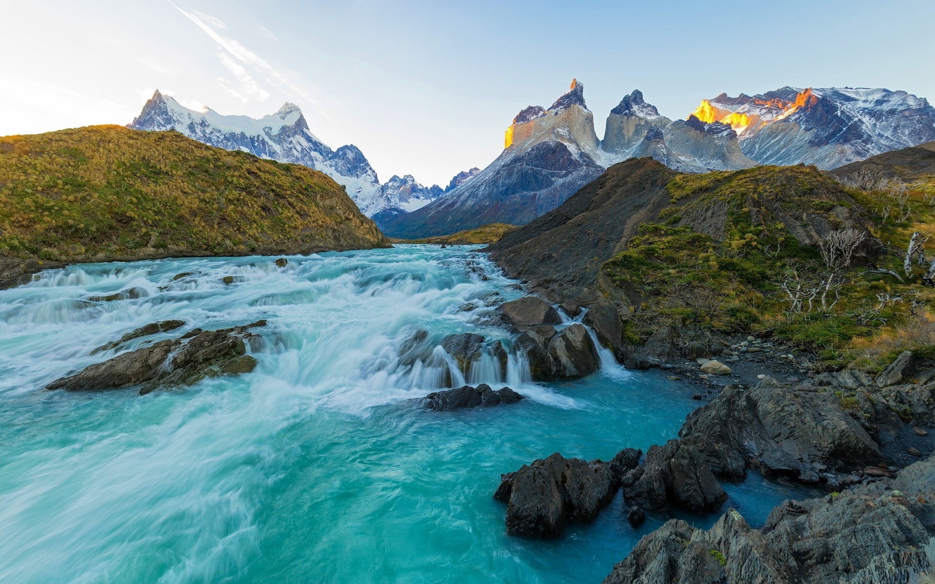 snowcapped mountain, sky, tranquility, Chile, Torres del Paine, beauty in nature, turquoise, idyllic, mountain, mountains, tranquil scene, nature, non-urban scene, HD Wallpaper