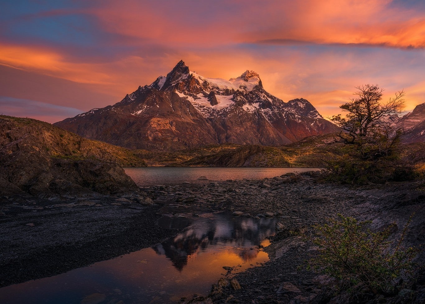 snow, mountain range, Torres del Paine, tranquil scene, nature, outdoors, cold temperature, environment, snowcapped mountain, trees, morning, reflection, HD Wallpaper