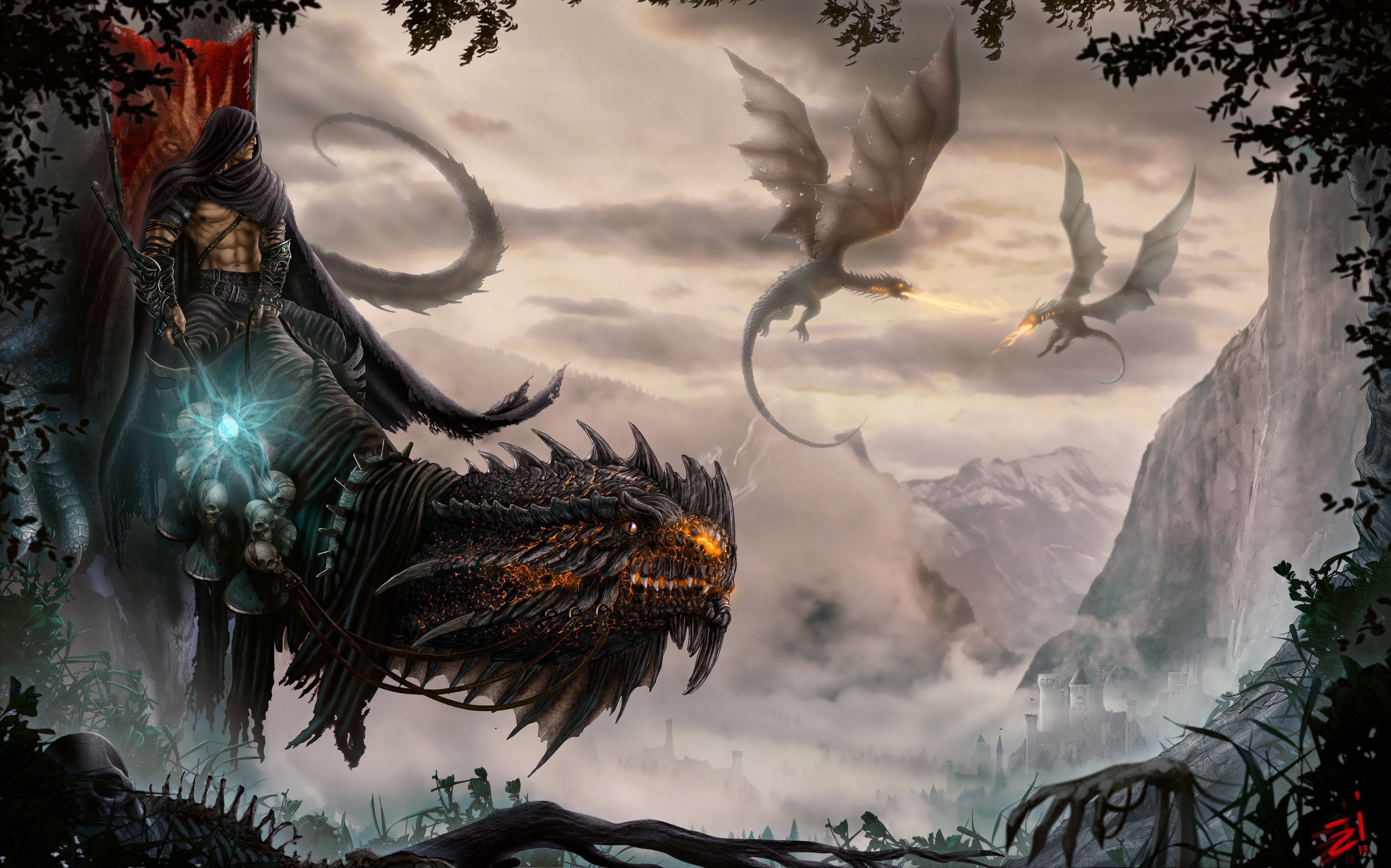 digital composite, illustration, day, tranquility, scenics - nature, cloud - sky, tree, sculpture, dragon, no people, plant, sky, close-up, outdoors, beauty in nature, HD Wallpaper