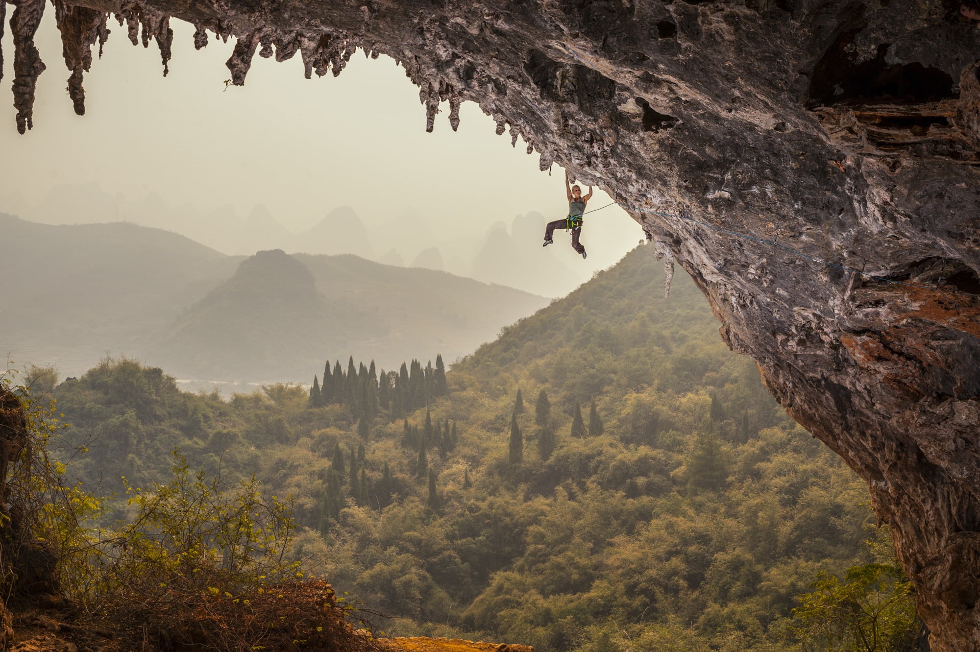 mountain range, non-urban scene, tranquility, tree, forest, Moon Hill, plant, rock formation, rock - object, mountain, sport, ropes, beauty in nature, rock climbing, HD Wallpaper