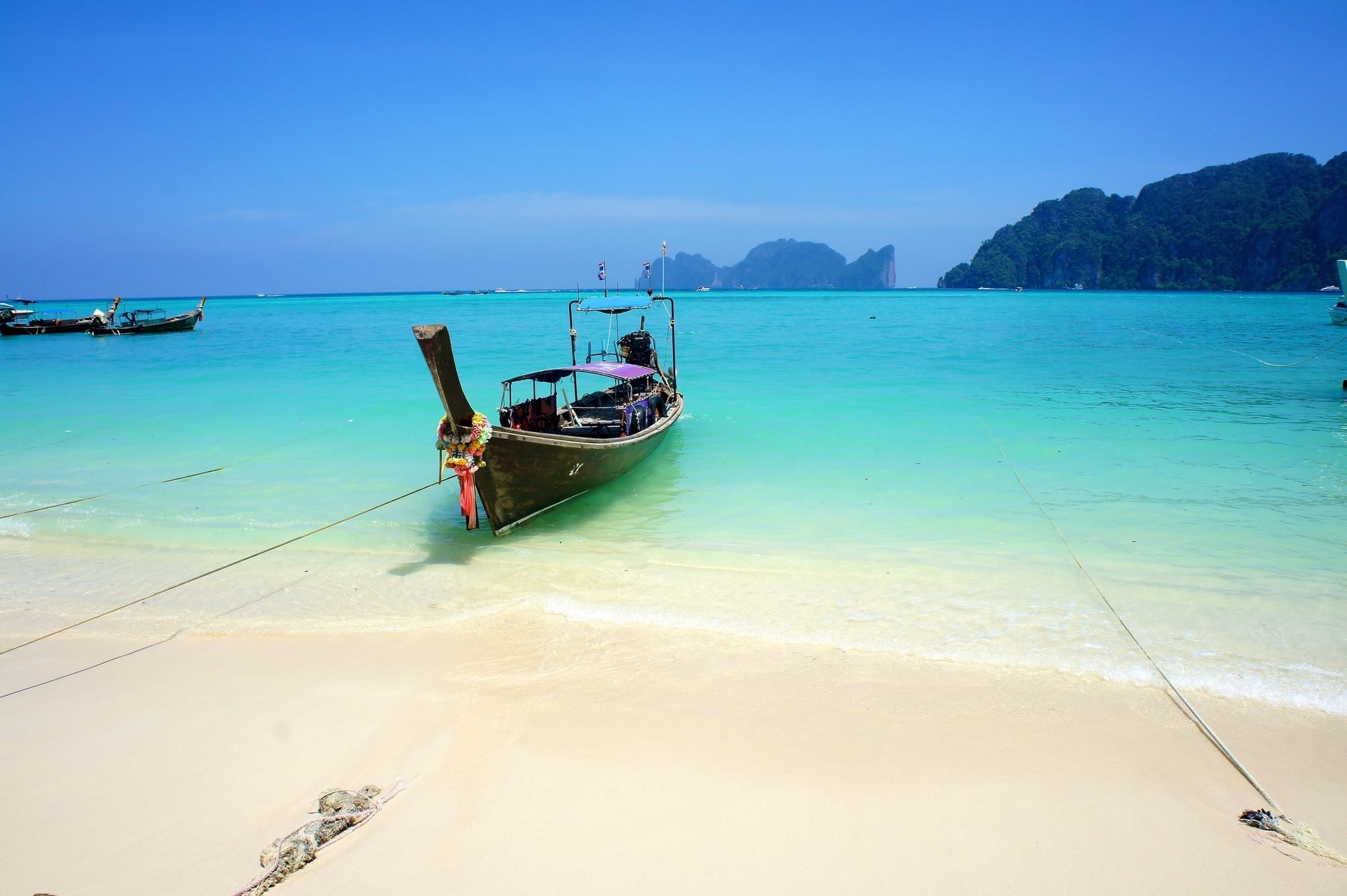 land, beach, transportation, black, nautical vessel, horizon over water, tranquil scene, 1080P, outdoors, sand, boat, blue, scenics - nature, island, Thailand, HD Wallpaper
