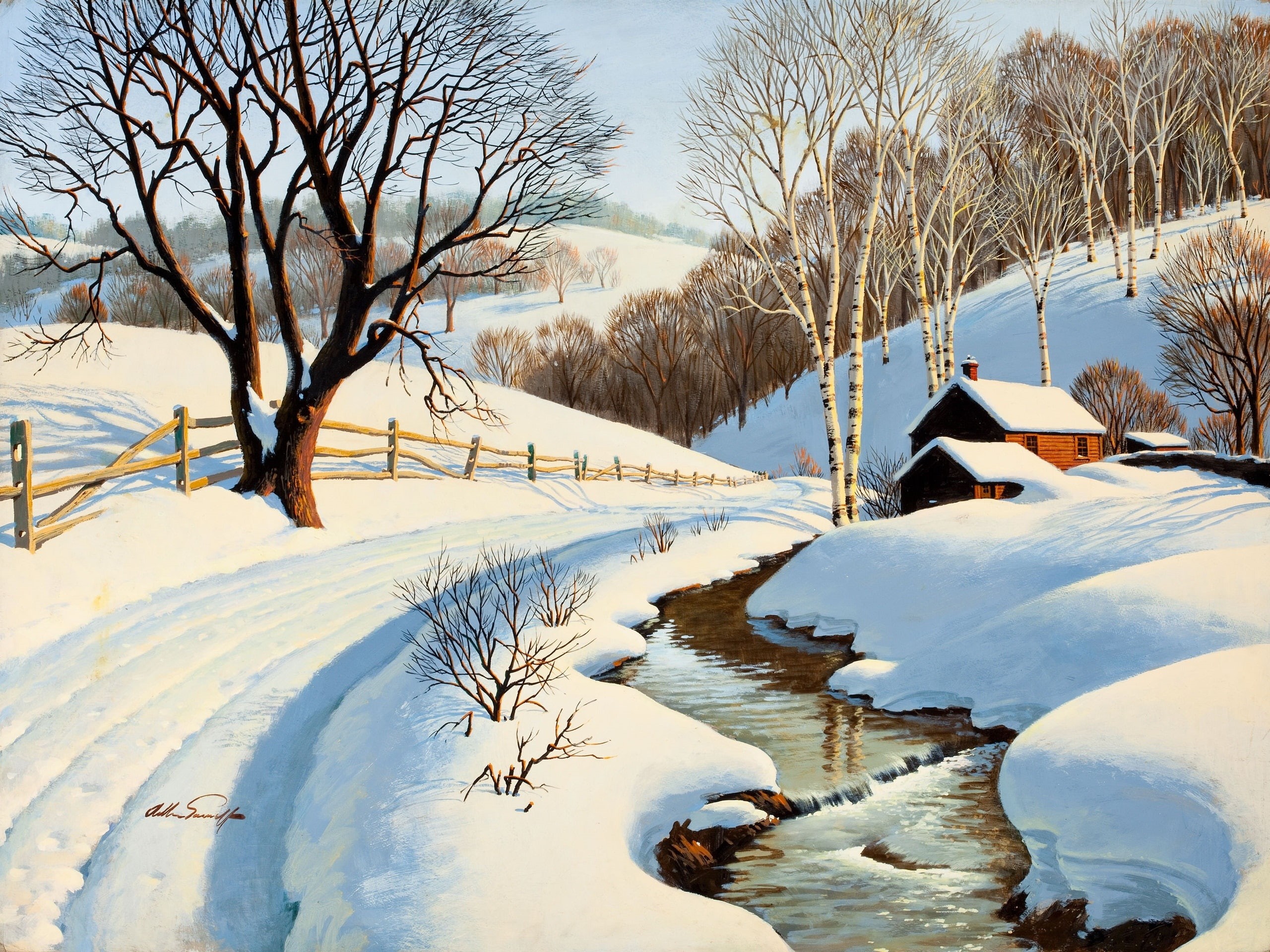Snow, 2K, Trees, House, Stream, Scenery, Winter, Painting, Road, HD Wallpaper