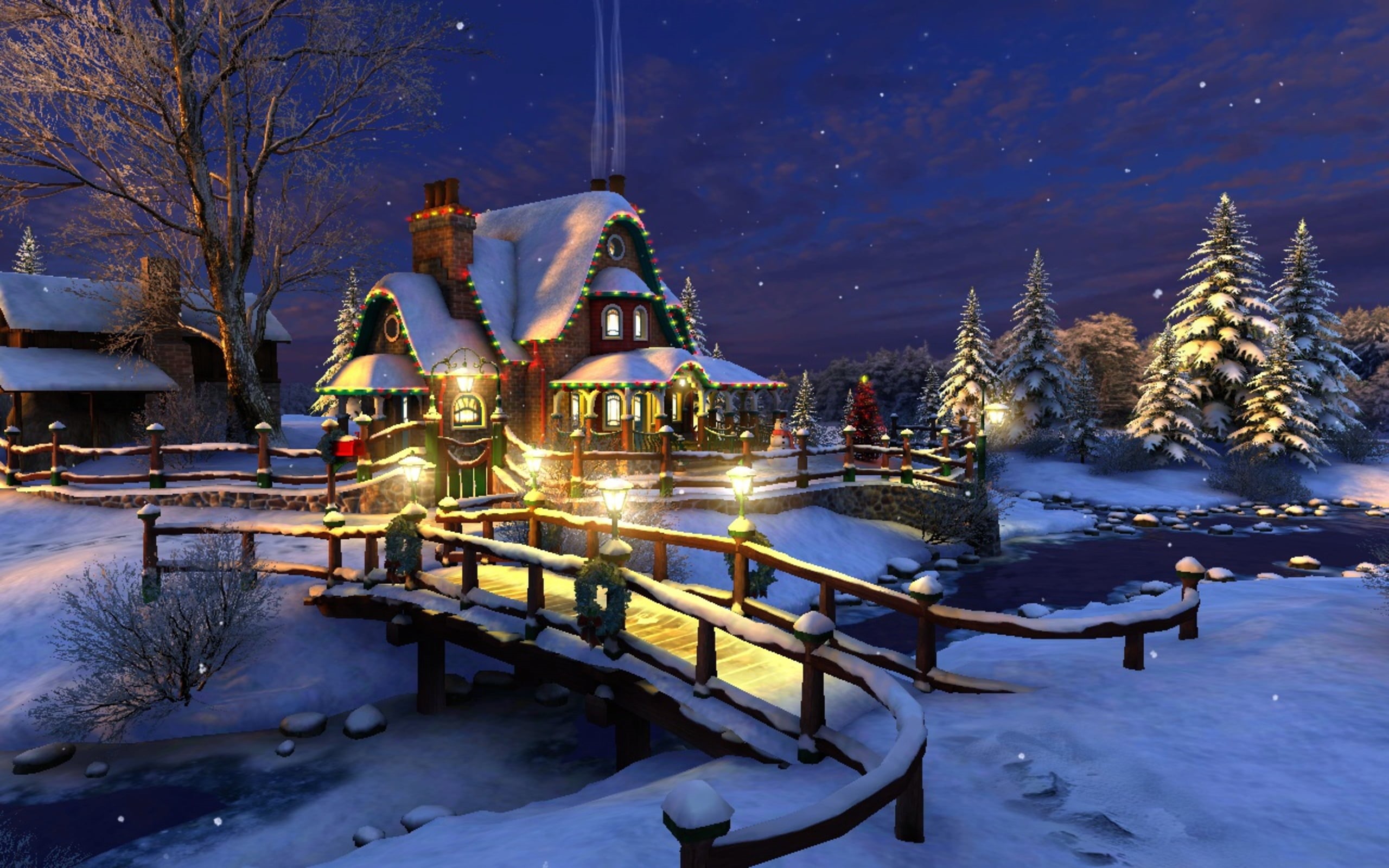 cultures, brown, stream, tree, lights, holiday, illustration, frozen, landscape, winter, dusk, no People, built Structure, sky, ice, covering, decoration, HD Wallpaper