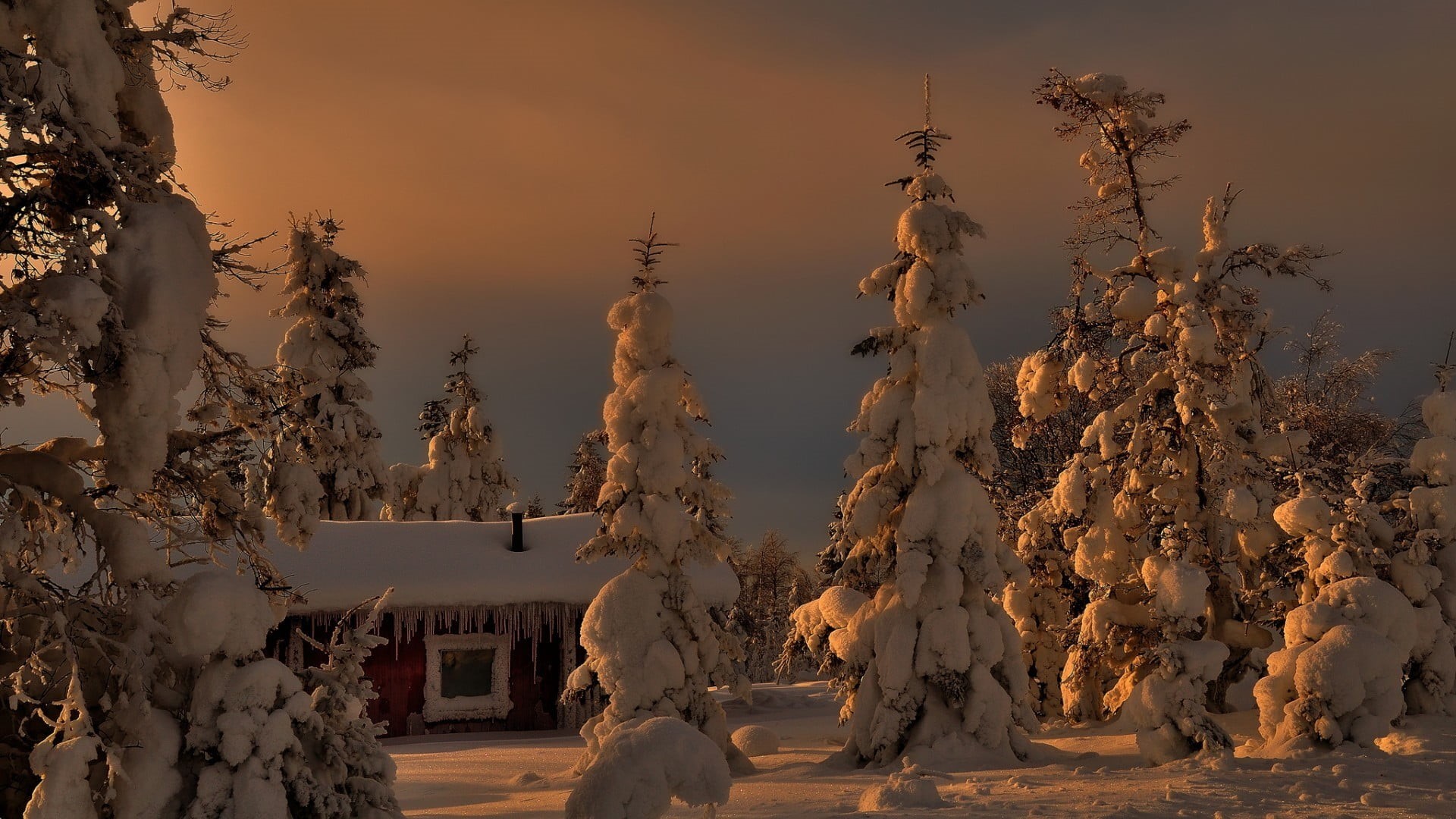 frozen, sky, cold temperature, human representation, beauty in nature, nature, pine trees, built structure, no people, covering, celebration, winter, cottage, HD Wallpaper