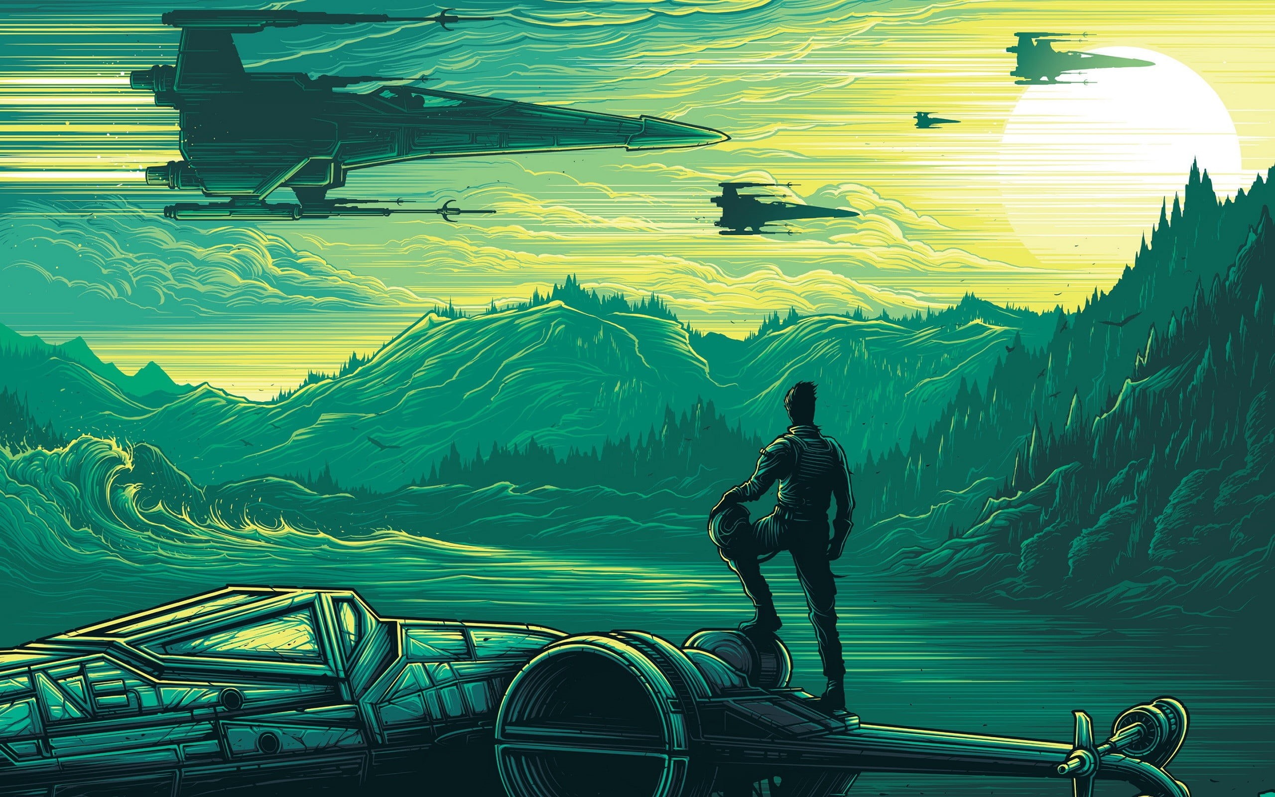 people, nature, architecture, outdoors, men, science fiction, air vehicle, standing, leisure activity, artwork, travel, adult, airplane, man, water, X-wing, HD Wallpaper
