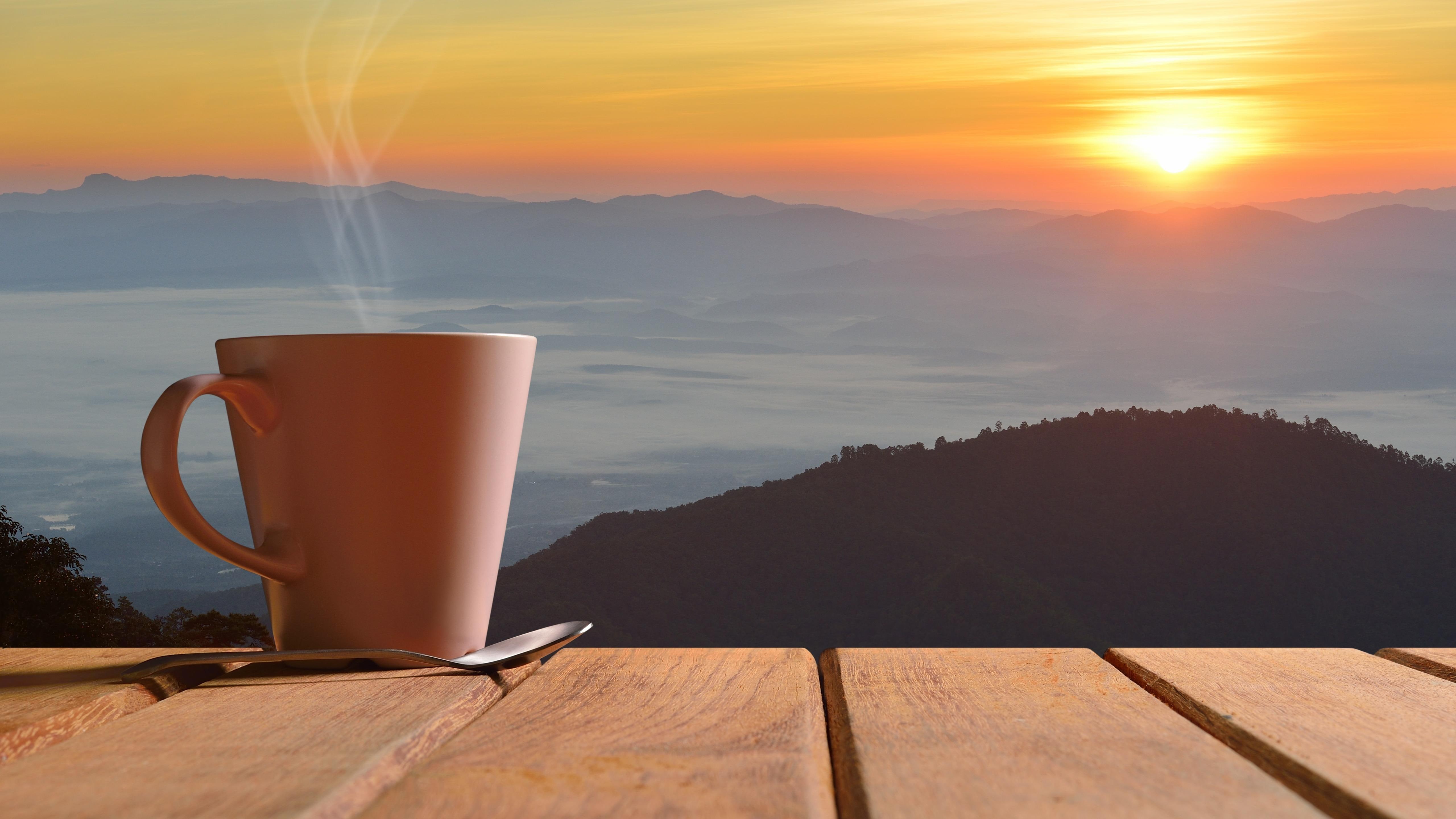 dawn, sunrise, view, morning, 5K, coffee, coffee cup, panorama, HD Wallpaper