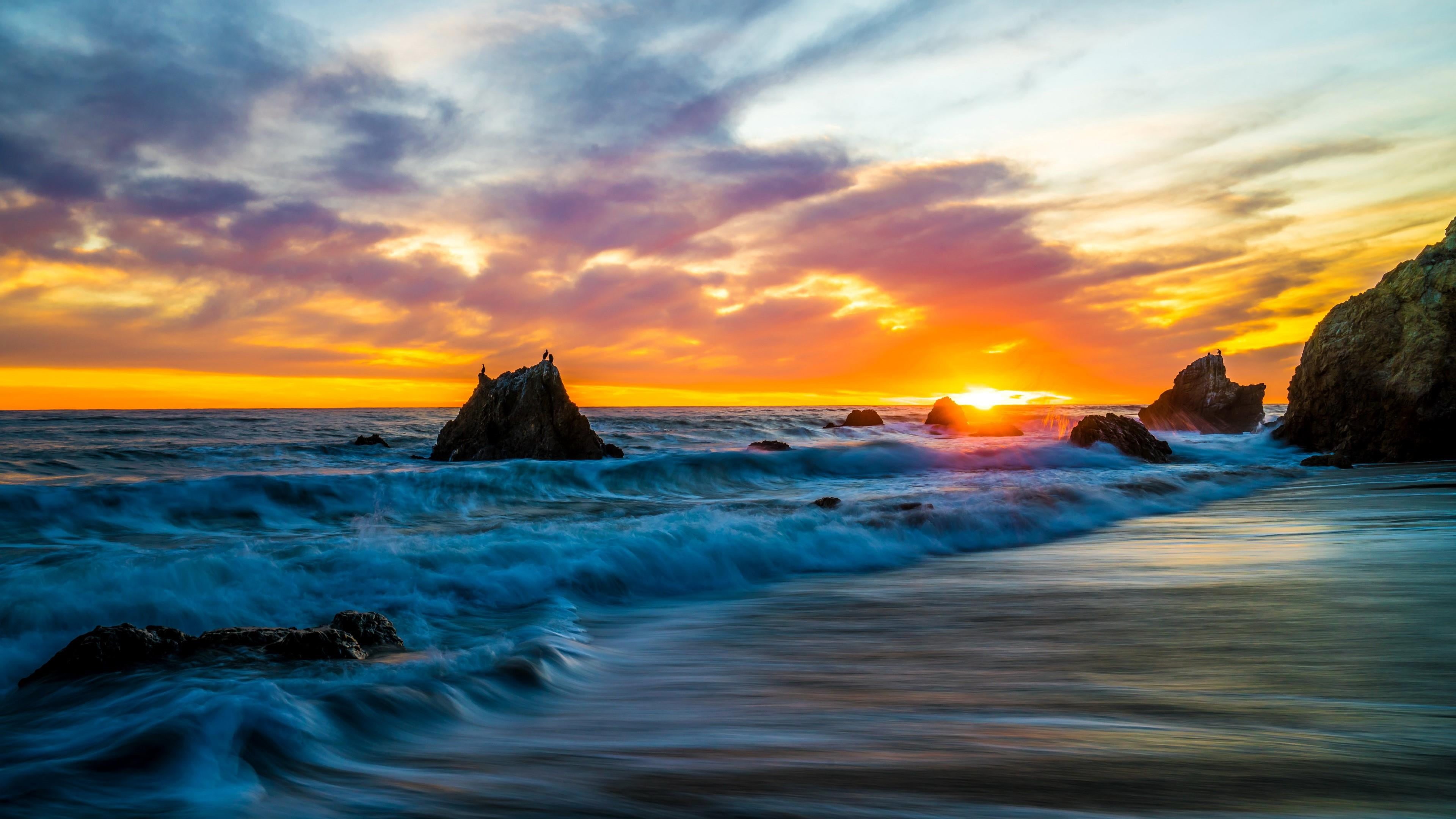 tranquility, 4K, shore, beach, outdoors, water, wind wave, land, no people, rock - object, california, sport, malibu, orange sky, beauty in nature, coast, HD Wallpaper