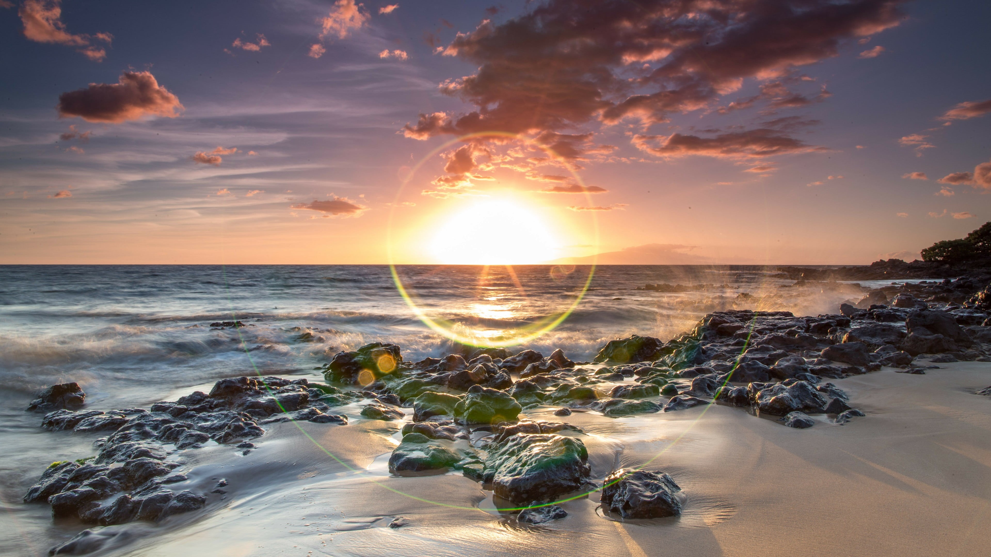 sunlight, tranquility, ocean, no people, 4K, hawaii, beauty in nature, sunbeam, scenics - nature, horizon over water, orange color, outdoors, land, cloud - sky, HD Wallpaper