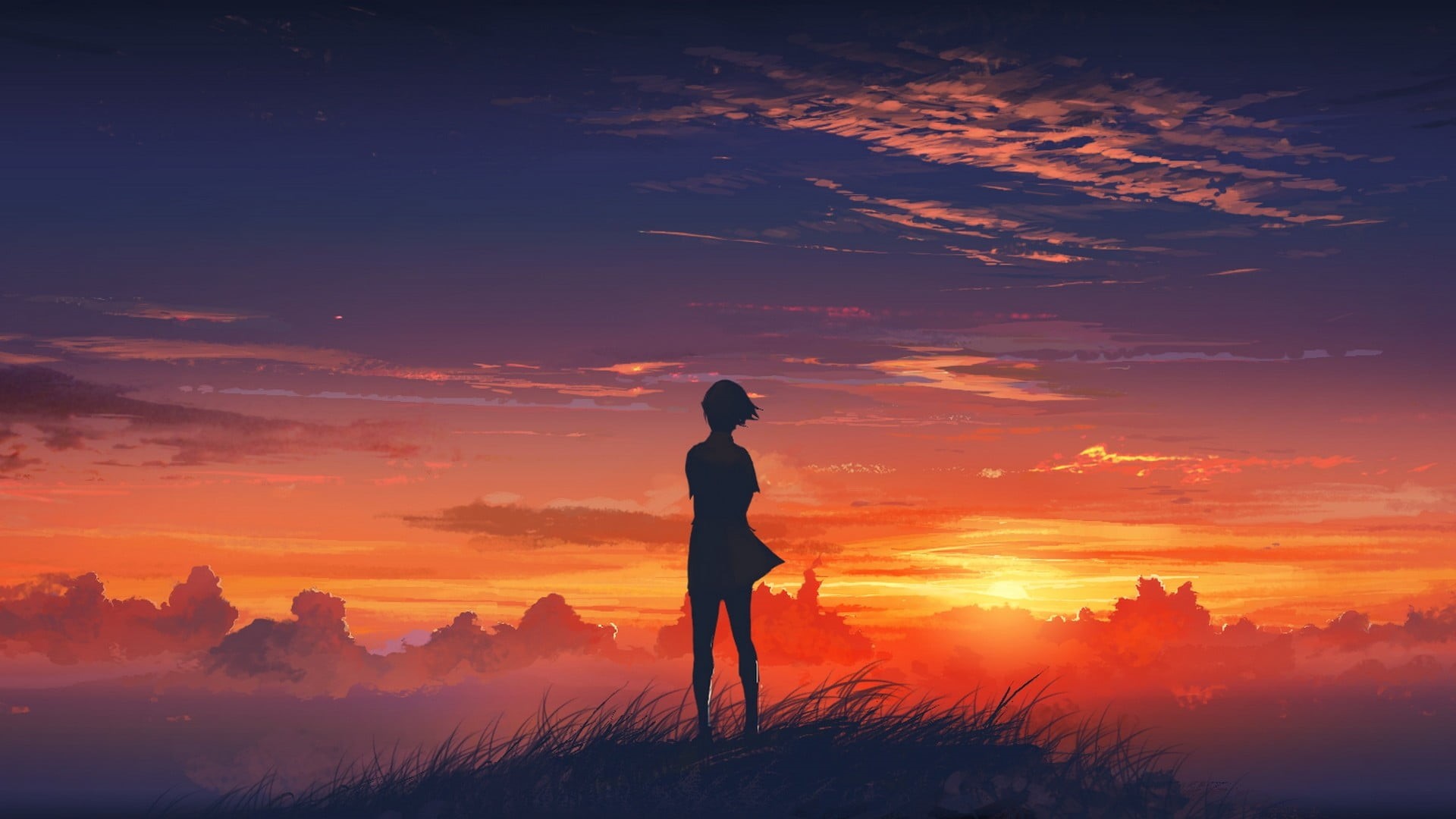 men, grass, red, backgrounds, child, hour, silhouette, Der Wanderer über dem Nebelmeer, adult, tranquil scene, females, freedom, top, anime, real people, HD Wallpaper