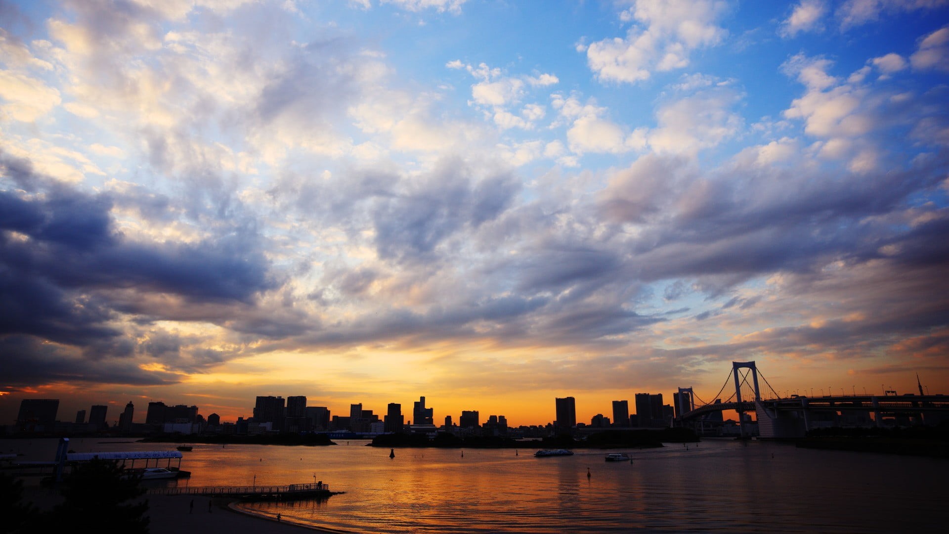 cityscape, architecture, sky, city, Japan, urban skyline, silhouette, water, skyscraper, structures, nature, sunset, Tokyo, building, built structure, 1080P, HD Wallpaper