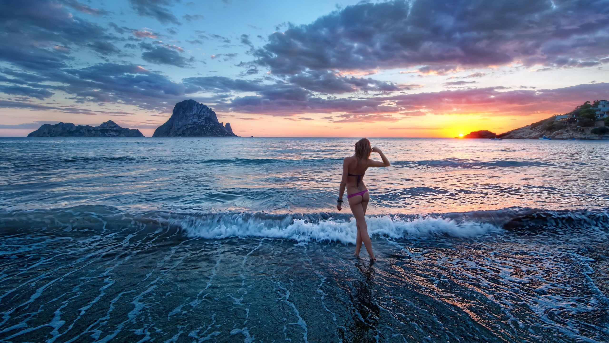 Sunset, Sea, 2K, Waves, Girl, HD Wallpaper
