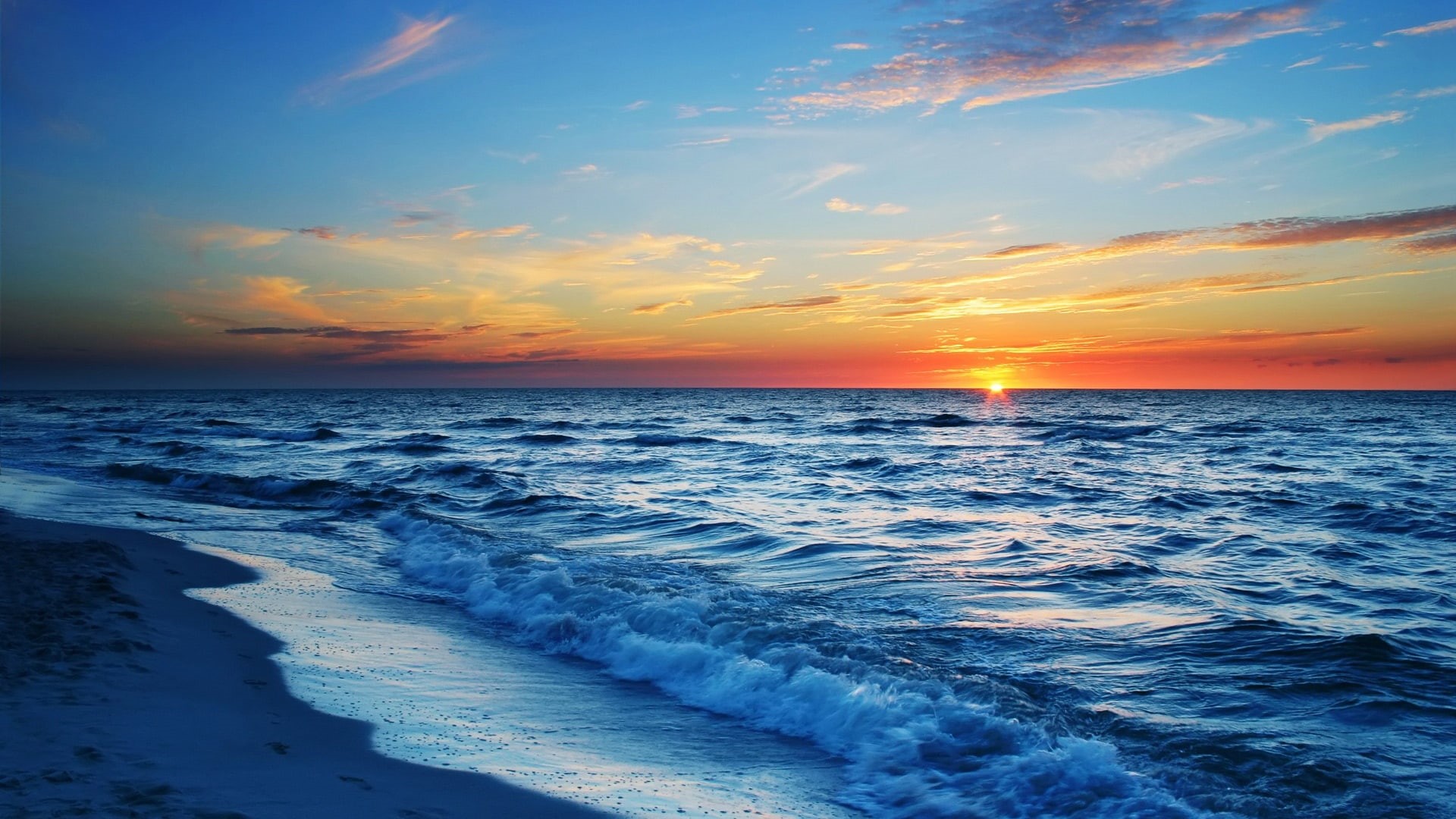 Waves, Sea, Blue, 1080P, Beach, Orange, Sunset, Sky, HD Wallpaper
