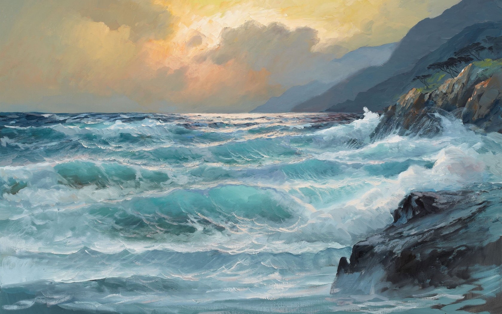 cloud - Sky, painting, outdoors, scenics - nature, power, coastline, illustration, rock, water, cliff, summer, sunlight, raging, aquatic sport, 720P, seascape, HD Wallpaper