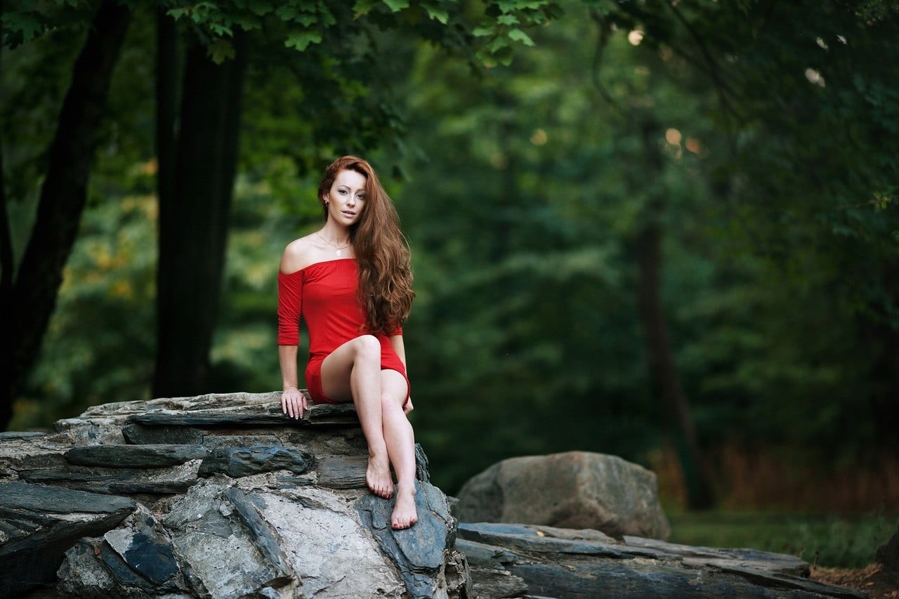 plant, hairstyle, women outdoors, s, minidress, outdoors, dress, leisure activity, rock - object, beauty, red, rock, adult, young adult, redhead, sitting, HD Wallpaper