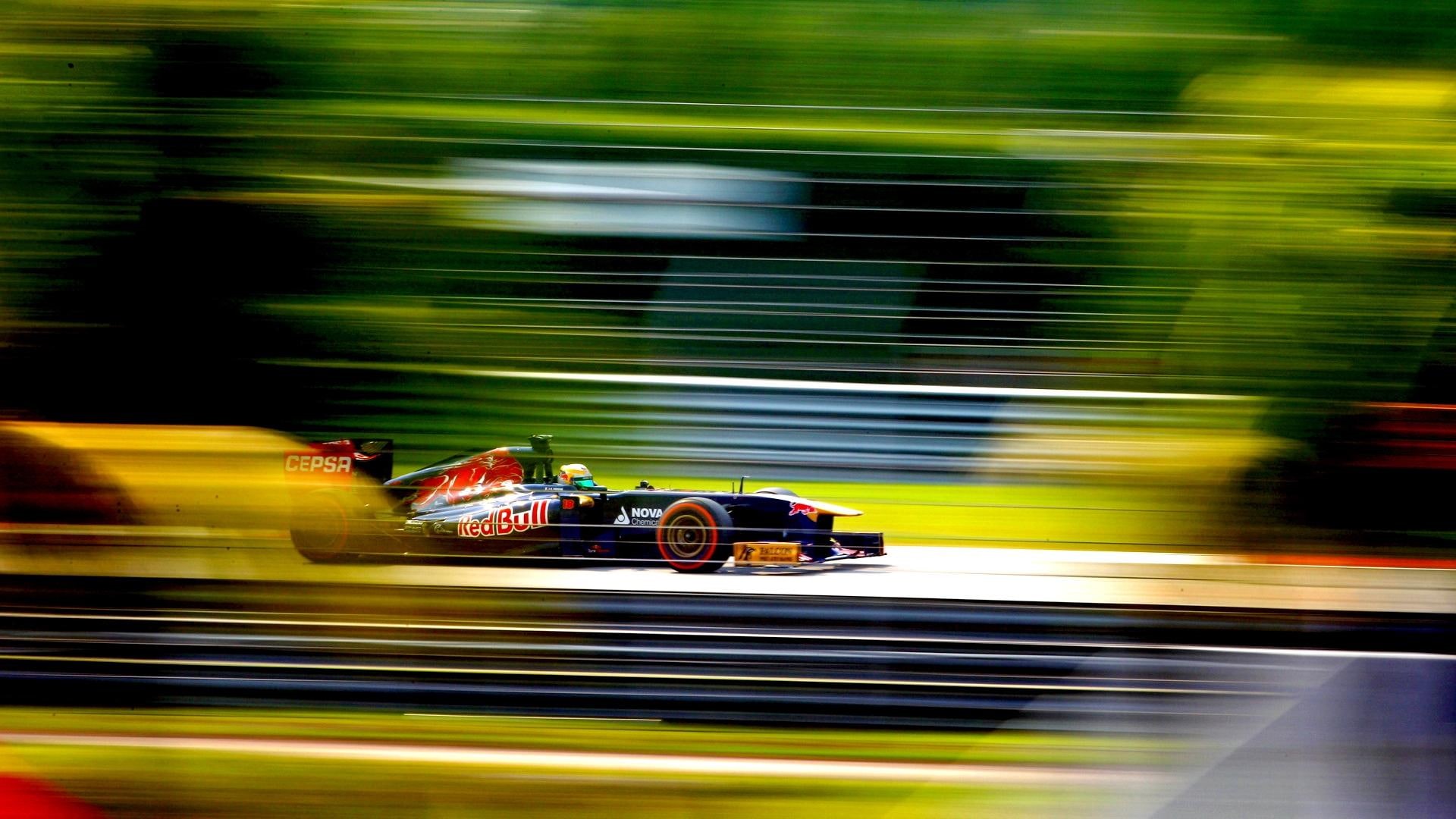outdoors, Formula 1, travel, Red Bull, sport, blurred motion, on the move, 1080P, speed, motion, car, architecture, taxi, day, long exposure, multi colored, HD Wallpaper