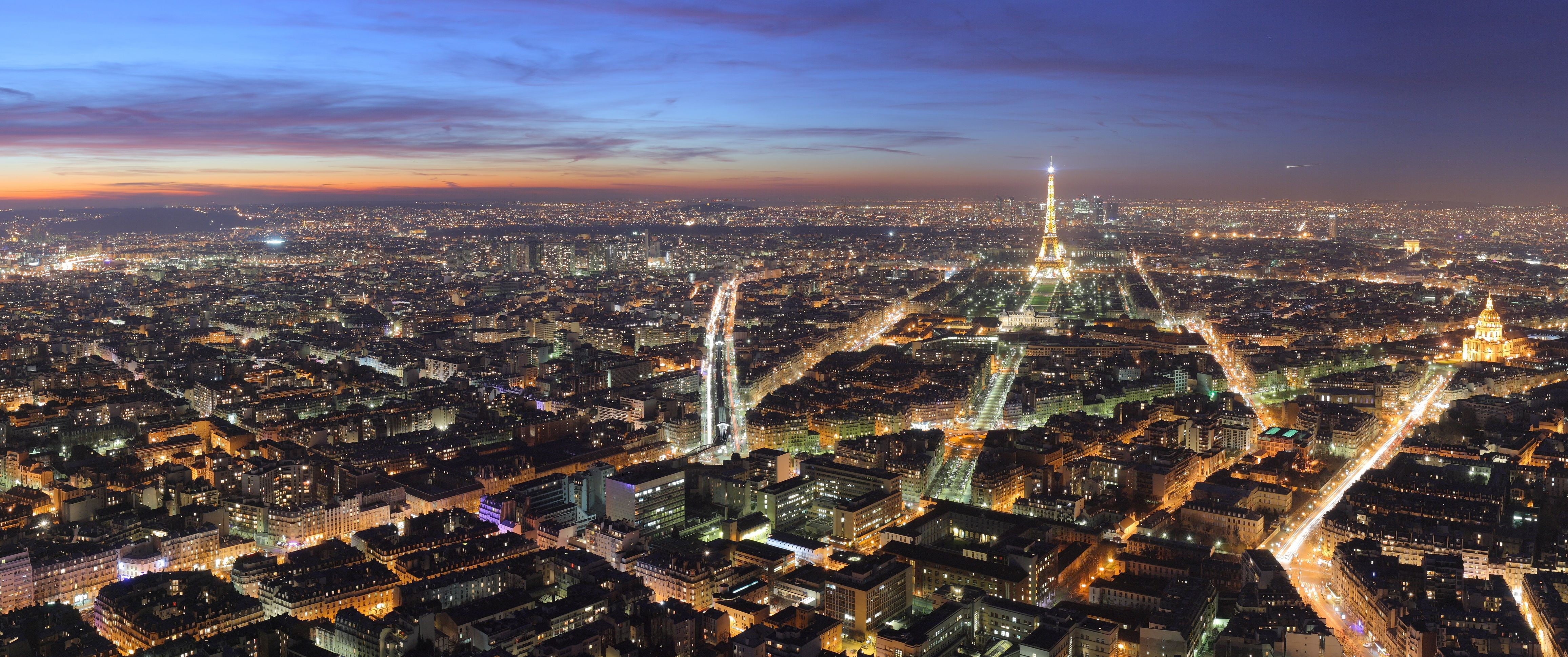 architecture, office building exterior, ultrawide, city, nature, illuminated, financial district, cityscape, Paris, tower, 4K, aerial view, night, dusk, HD Wallpaper