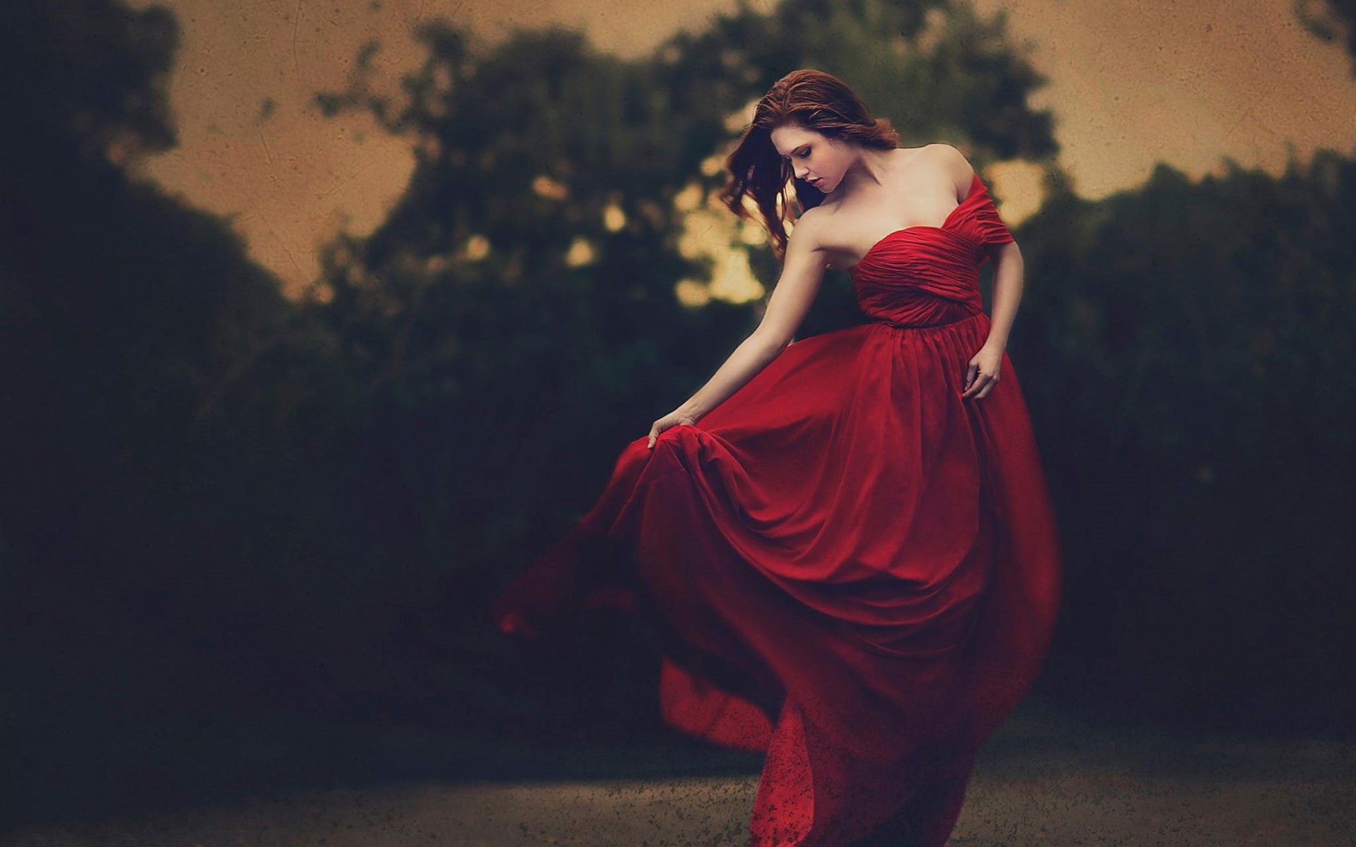 1080P, Red, Dusk, Girl, Dress, Beautiful, HD Wallpaper