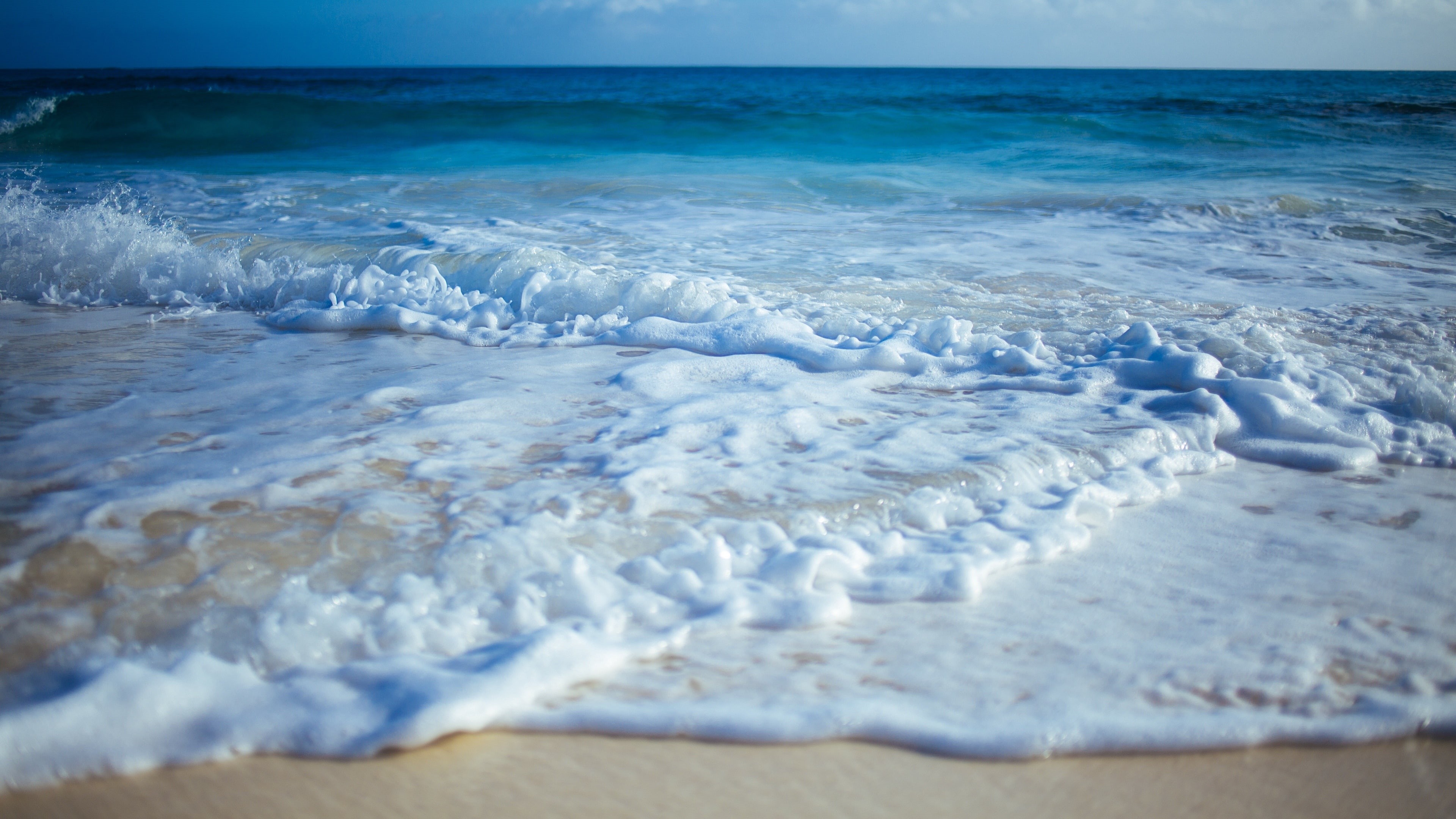 sandy beach, seawater, beach, summertime mood, sea, water, swash, blue water, foamy, sea foam, 4K, seascape, horizon, coast, wave, waterscape, sky, waves, HD Wallpaper