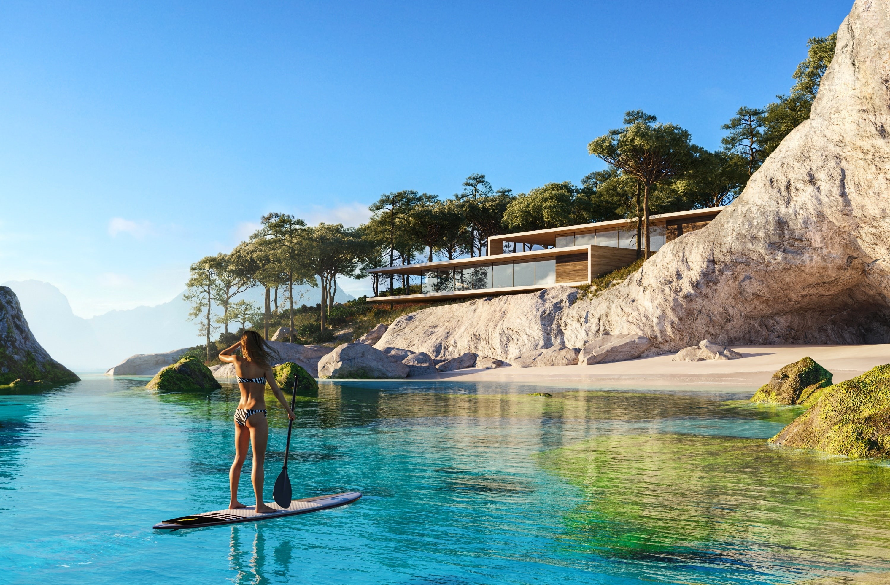 Paradise, sky, swimming pool, Relax, men, women, leisure activity, clearwater, 2K, Summer, Luxury, full length, tree, Villa, blue, Rocks, House, Tropical, HD Wallpaper