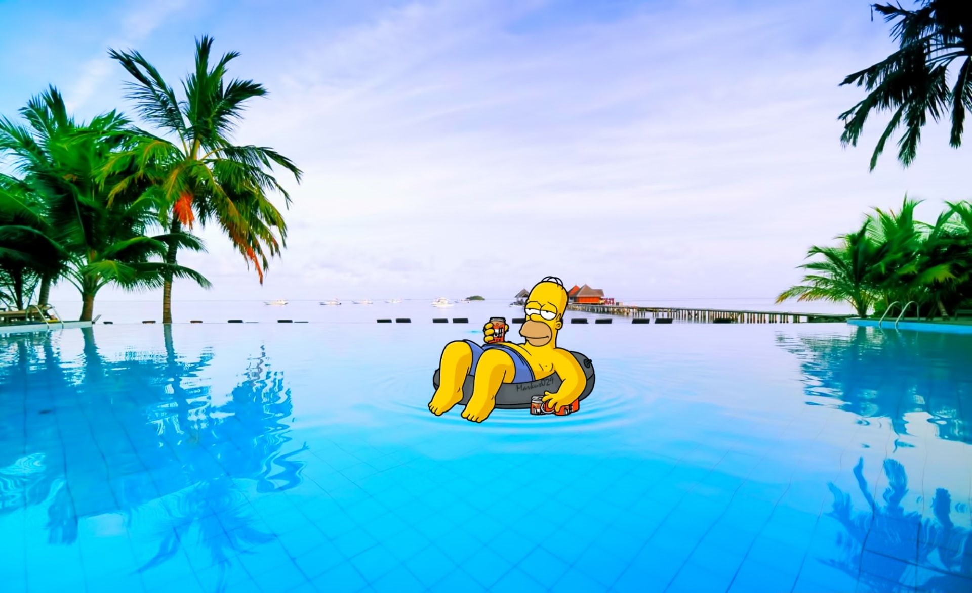 sport, outdoors, sea, The Simpsons, tropical climate, beauty in nature, men, palm tree, plant, lifestyles, pool, 1080P, nature, day, one person, swimming pool, HD Wallpaper