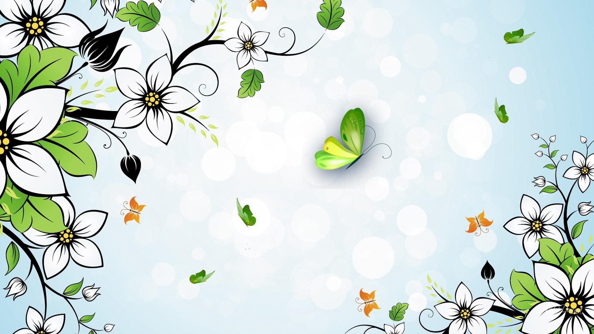white, summer, papillon, artistic, spring, 1080P, flowers, blue, bokeh, abstract, light, fleurs, butterfly, HD Wallpaper