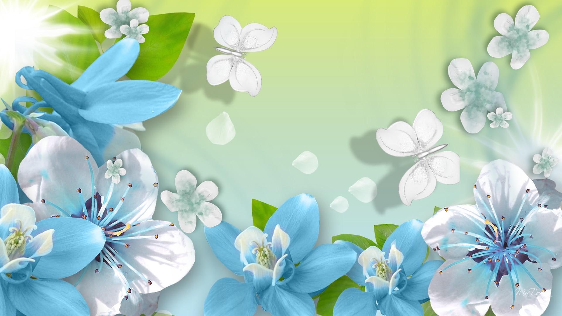 white, flower petals, 3d and abstrac, illustration, blue, romance, summer, 1080P, firefox persona, green, scatter, flowers, butterfly, HD Wallpaper