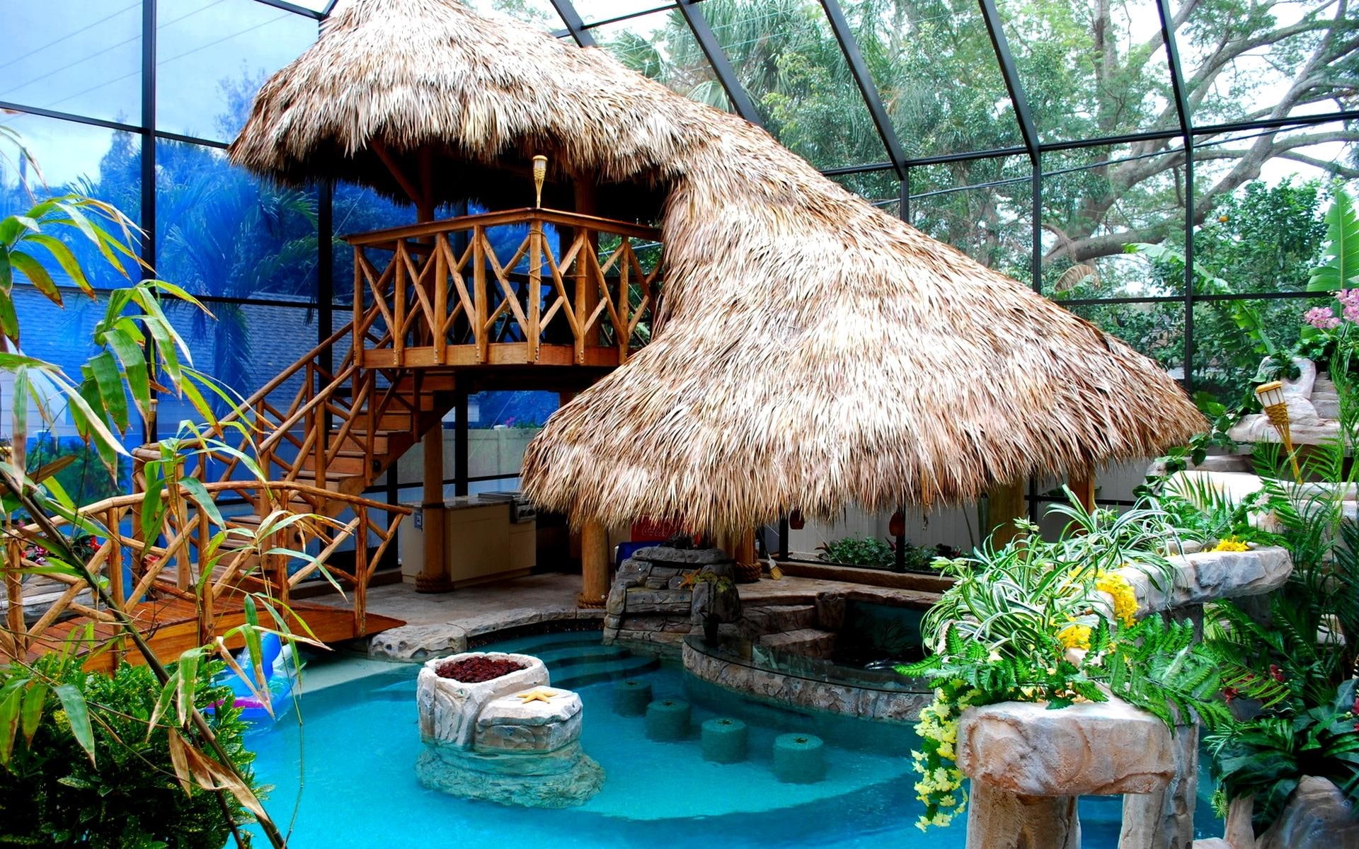 buildings, tropical, tiki-huts, beach, nature and landscapes, beautiful, s, 1080P, relax, summer, HD Wallpaper