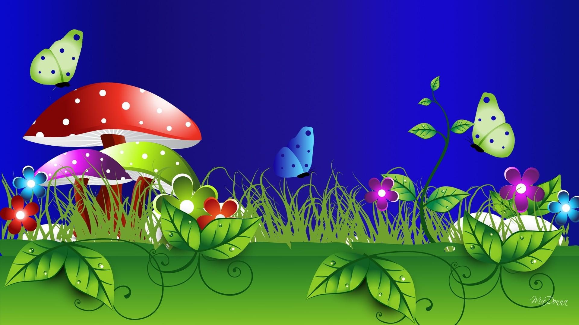 bright, mushrooms, colorful, grass, beautiful, butterflies, spring, nature and landsc, toadstools, summer, 1080P, flowers, HD Wallpaper