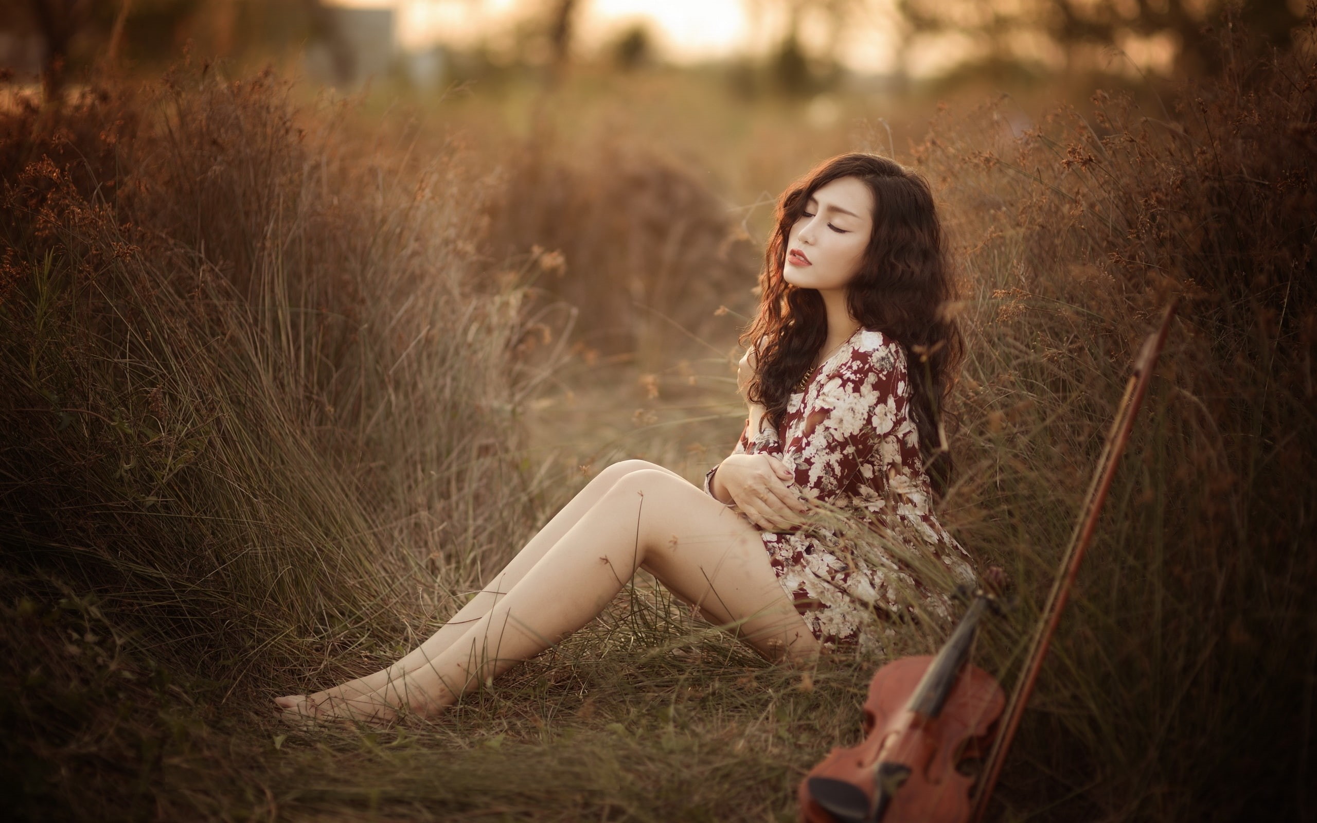 Summer, 2K, Violin, Music, Grass, Girl, Asian, HD Wallpaper