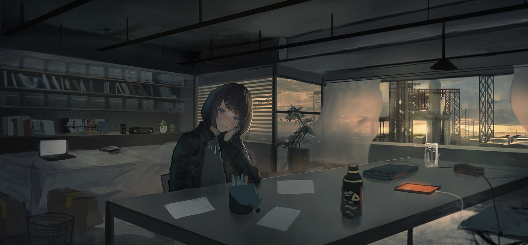 interior, sitting, 720P, anime girls, room, dark, anime, HD Wallpaper