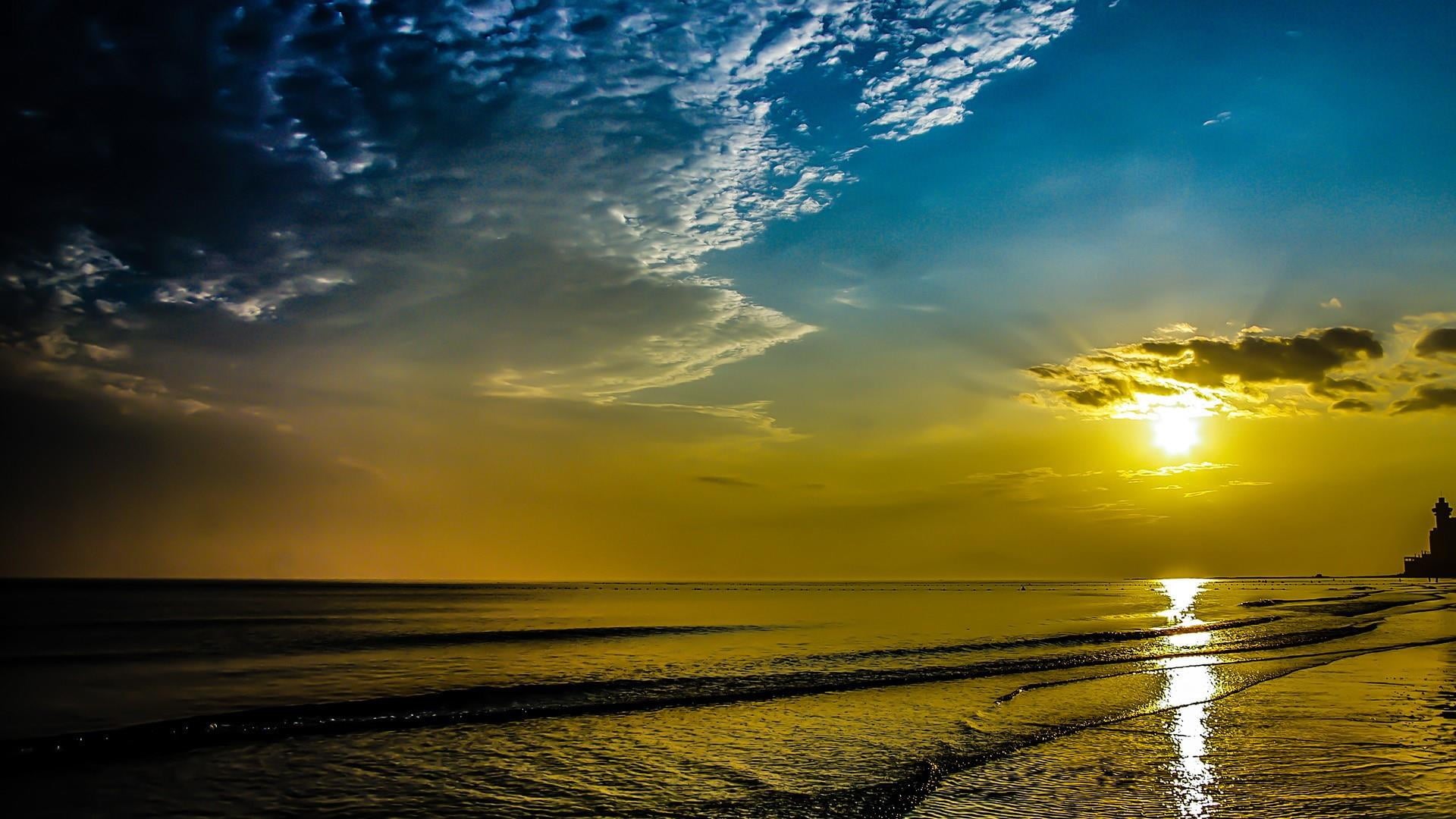 cloud - sky, calm, sunset, sun, tranquil scene, beauty in nature, cloud, orange color, sunlight, outdoors, scenics - nature, tranquility, 1080P, land, HD Wallpaper