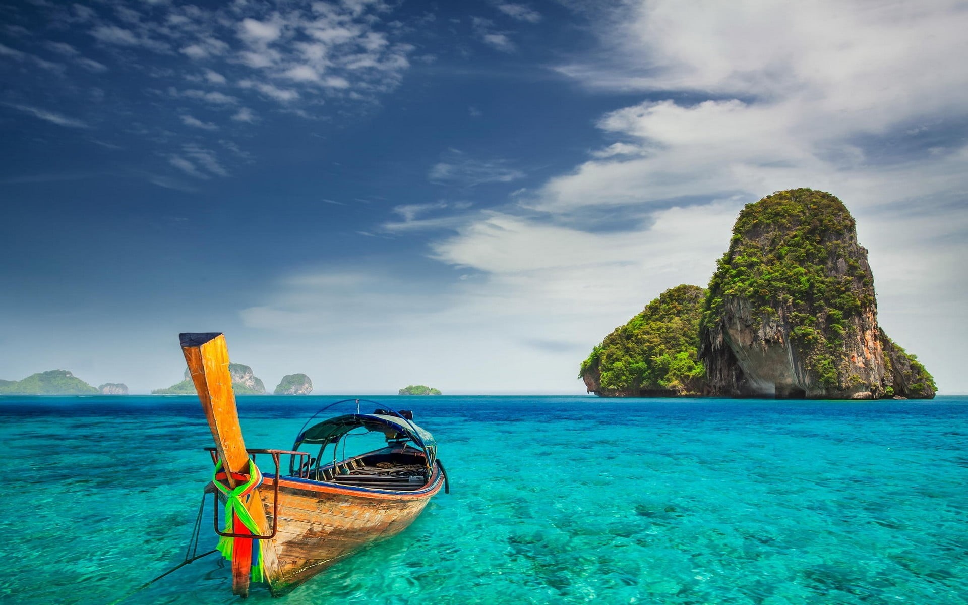 clouds, scenics - nature, no people, land, landscape, sky, limestone, transportation, cloud - sky, turquoise, mode of transportation, boat, nautical vessel, HD Wallpaper