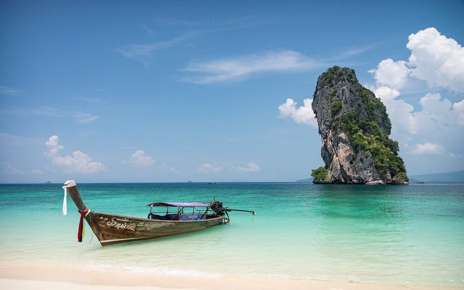 beach, calm, sea, landscape, tropical, nature, boat, 720P, water, rock, island, thailand, HD Wallpaper