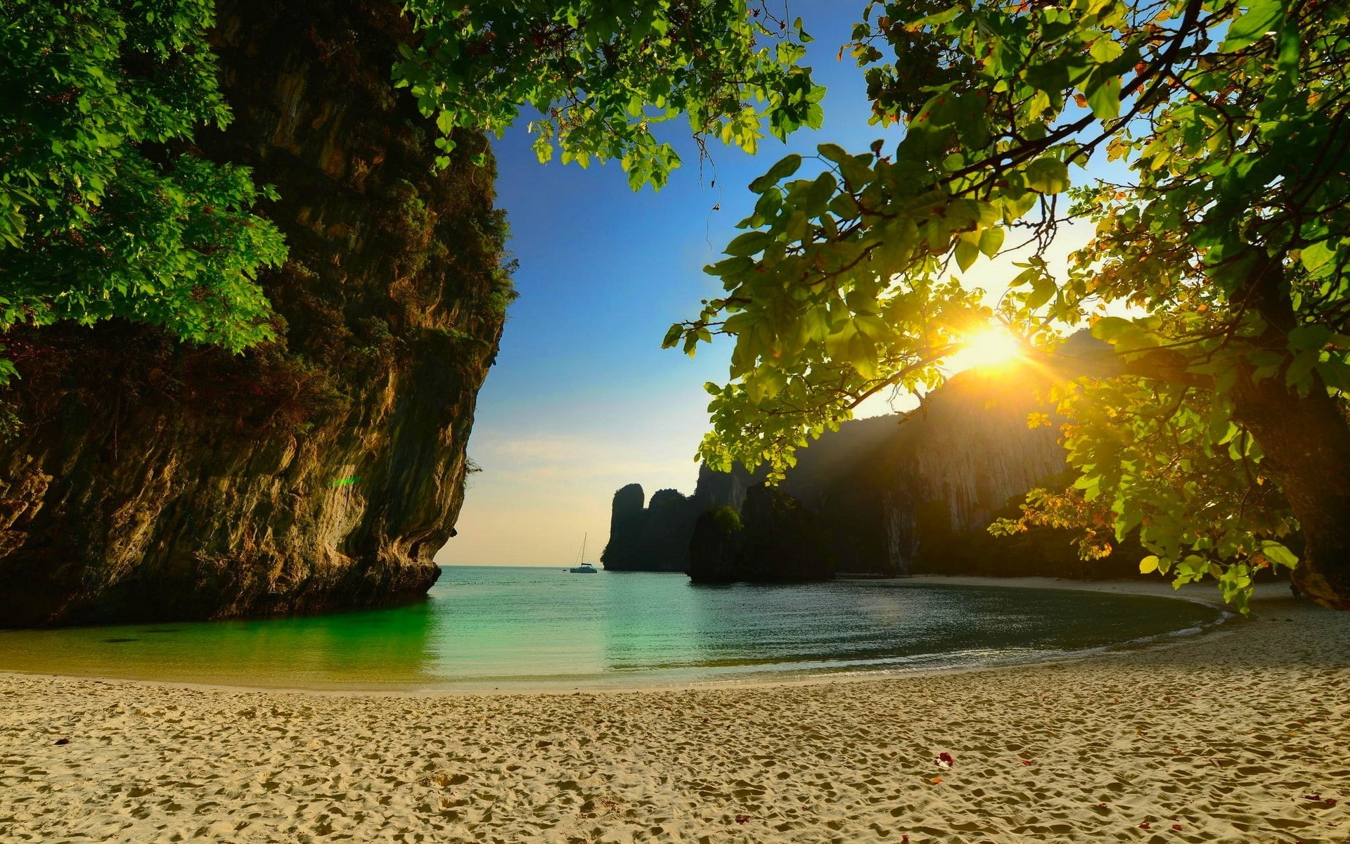 limestone, 1080P, thailand, sand, sea, nature, rock, island, sunset, beach, trees, HD Wallpaper