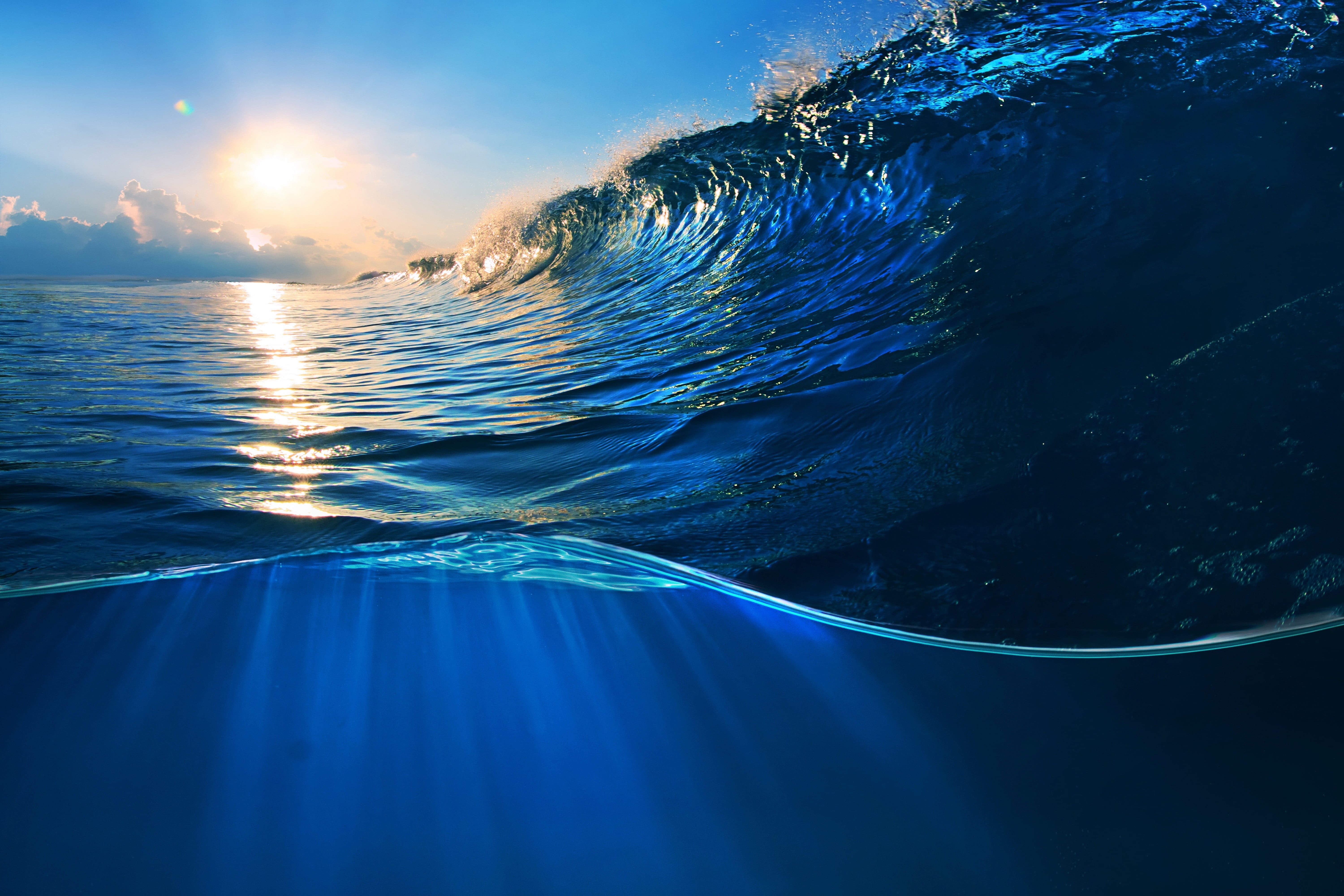 5K, outdoors, nature, untitled, idyllic, blue, no people, reflection, cyan, sunbeam, sea, water, waves, travel, sunlight, underwater, Sun, tranquility, HD Wallpaper