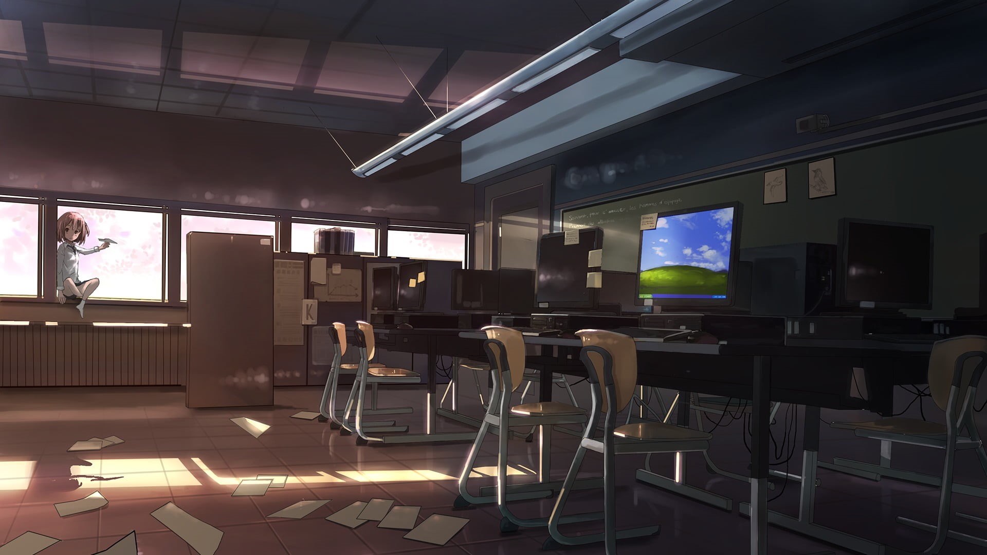 computer monitor, television set, lighting equipment, room, seat, computer, technology, anime girls, original characters, flat, indoors, chair, table, no people, HD Wallpaper