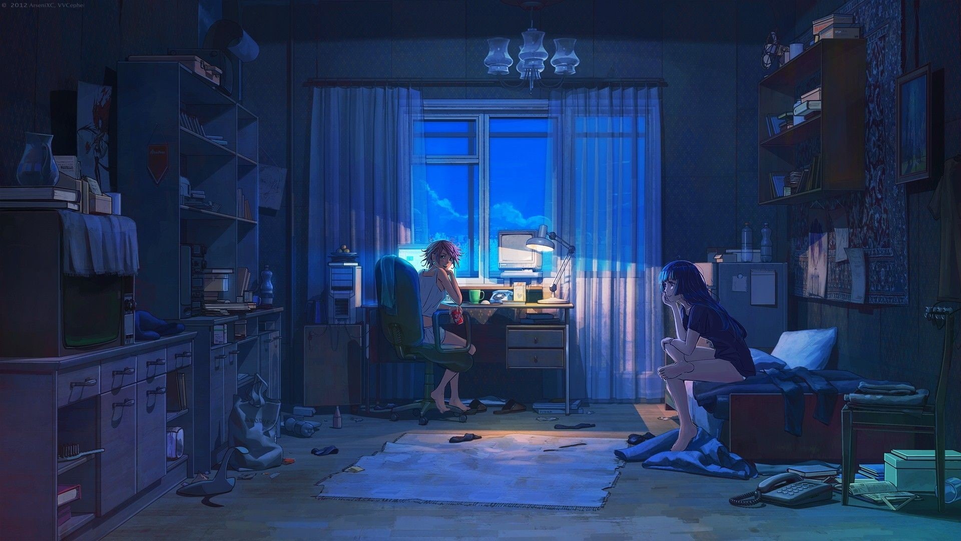 1080P, dark, Everlasting Summer, original characters, women, moonlight, anime girls, computer, room, HD Wallpaper